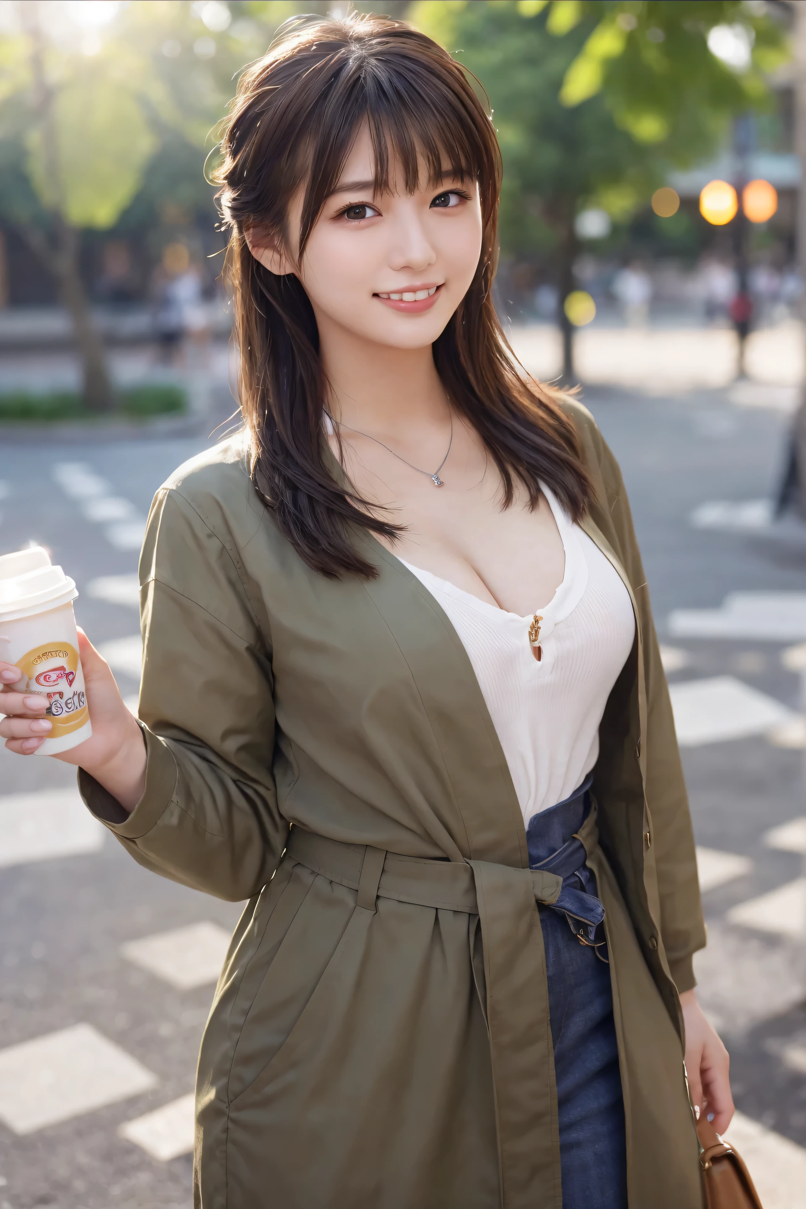 1 girl, G cup woman、Tie your hair up、Single bun hair、Cafe、Going out to play、A snapshot at Akamon Gate in front of Tokyo University、(Wear outerwear、silver necklace、Photo from the waist up:1.2), (RAW Photos, highest qualそれy), (Realistic, Lens flare、Realistic:1.4), Tabletop, Very delicate and beautiful, Very detailed, 2k wallpaper, wonderful, finely, Very detailed CG Unlimited 8K wallpaper, Very detailed, High resolution, Soft Light, Beautiful detailed girl, Very detailed目と顔, Beautiful and sophisticated nose, Finely beautiful eyes, Cinema Lighting, Perfect Anatomy, Slender body, Was nervous, 
Straight semi-long hair, bangs, Looking at the audience, smile.medium breasts.