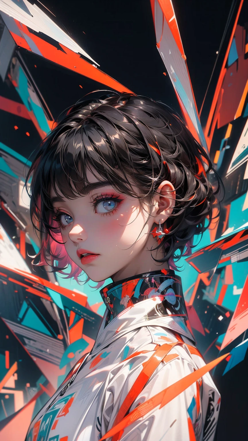 menina ,cabelo curto , cabelo preto, brilho radioativo, arte abstrata, foco no personagem, olhos com reflexo , ceu estrelado , galaxias