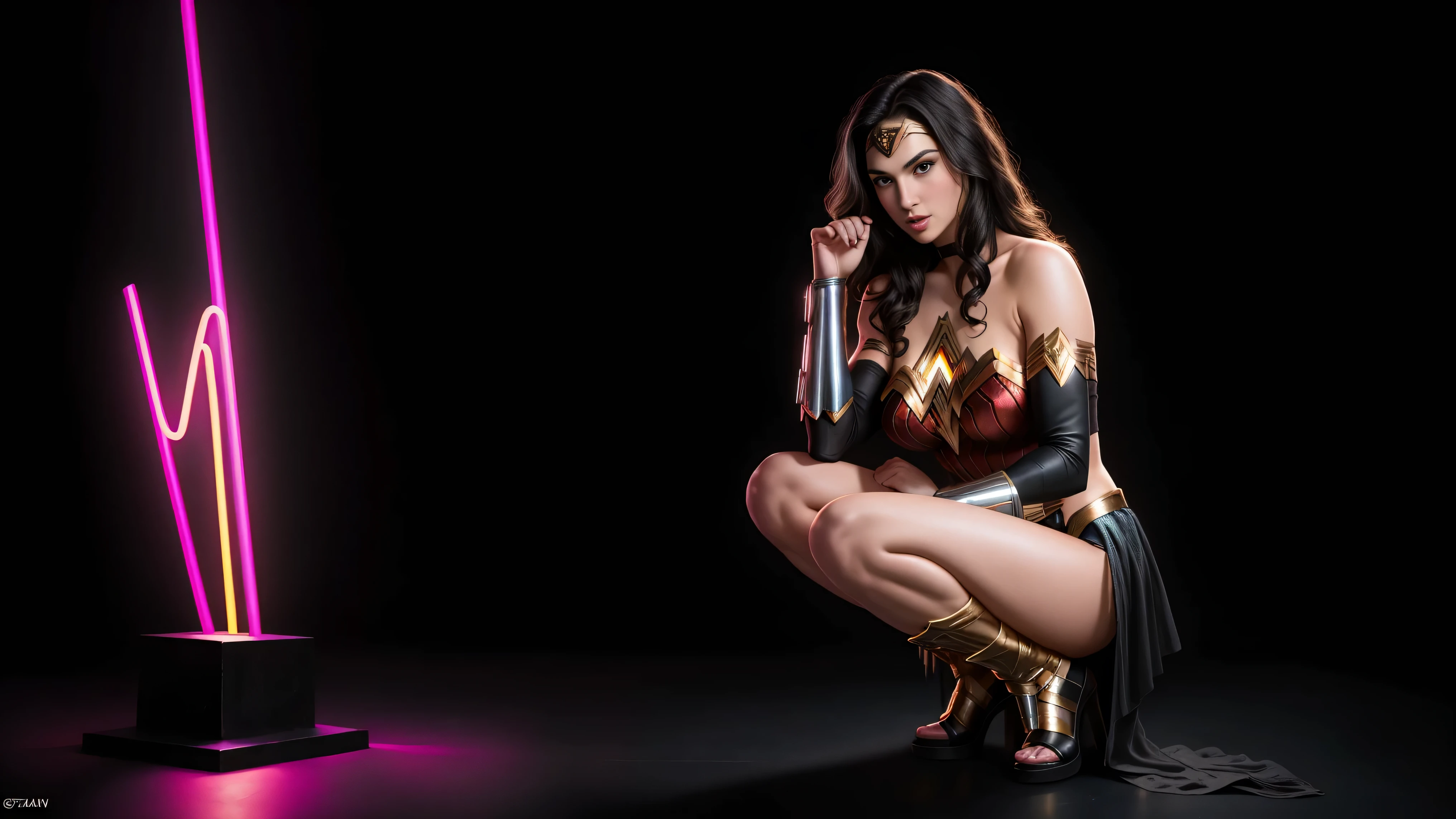 there  IS GAL GADOT AS WONDER WOMAN squatting, long hair, 3 d neon art of a womans body, neon-noir background, cyberpunk femme fatale, seductive cyberpunk dark fantasy, cyberpunk strip clubs, cyberpunk 20 y. o model girl, oppai cyberpunk, banner, high definition cgsociety, cgsociety masterpiece, trending on cgstation, kda, random hair, looking at camera, gigantic breasts, cleavage, (high detailed skin:1.2), 8k uhd, dslr, super lighting, high quality, film grain, high res, highly detailed, hyper realistic, beautiful face, beautiful body, beautiful eyes nose lips, alluring expression, very bold, upper  visible, full body photo, standing legs apart, pale translucent glowing skin, most beautiful face, cute, (well defined pubic hair:1.2)), (dark plain black background:1.4))