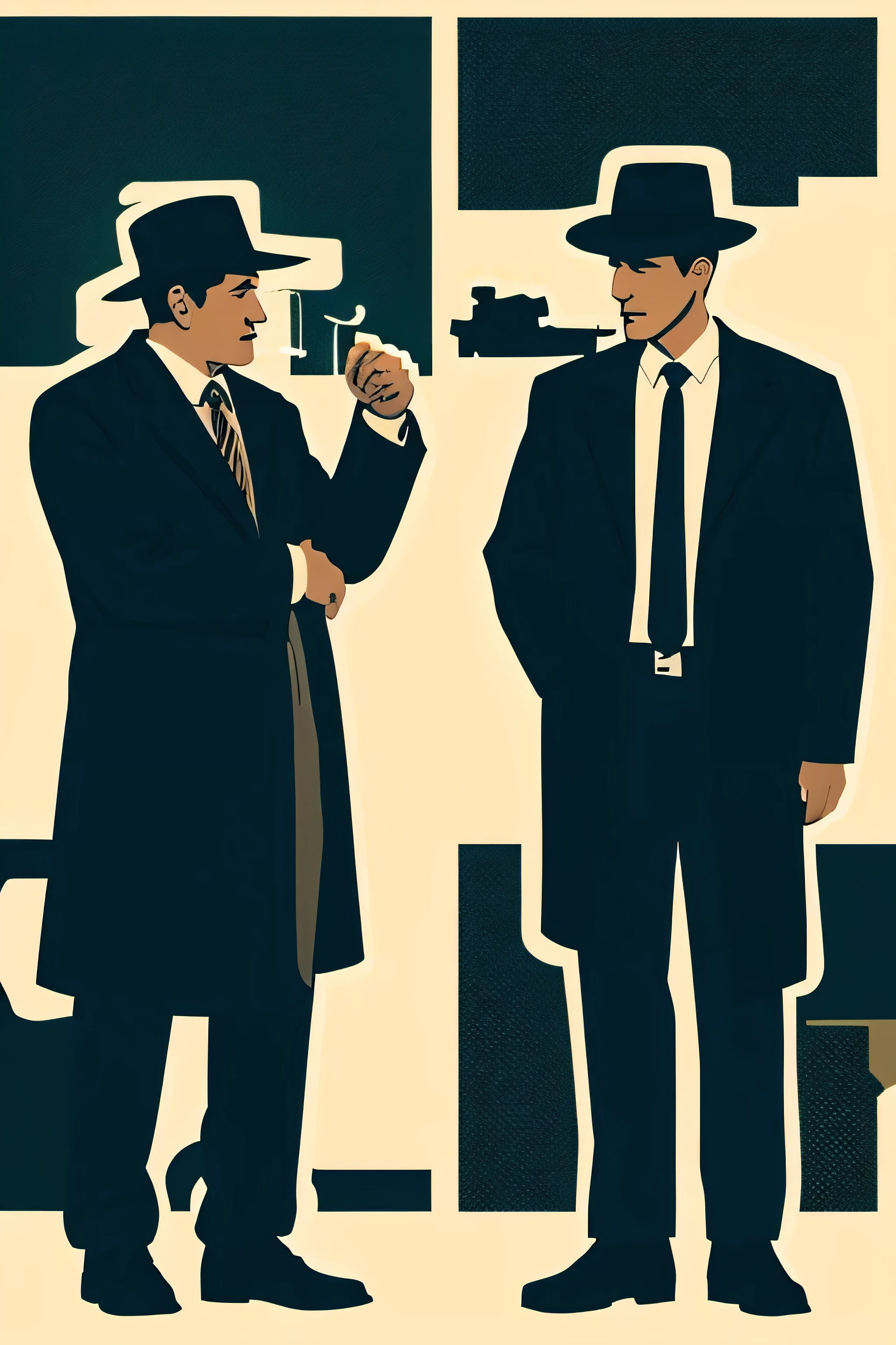 A pair of male detectives on stakeout、A 58-year-old veteran detective and a 27-year-old young not wearing a hat detective、The veteran detective is smoking a cigarette.、Silhouette illustrations