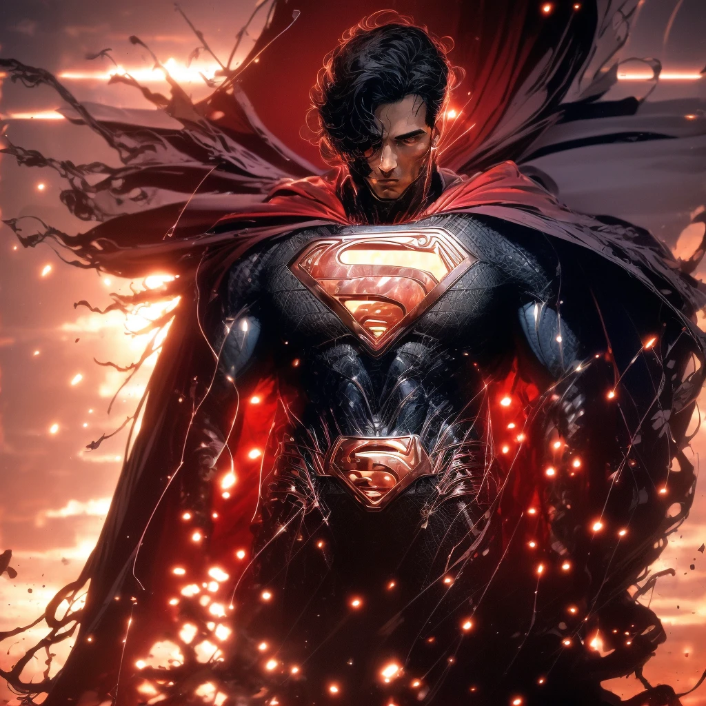 The son of krypton, Superman, is fly in the space back-to-the-sun, classic Superman pose, relentless shilueta, masterpiece, highest quality possibleback-to-the-sun, classic Superman pose, relentless shilueta, masterpiece, highest possible quality 