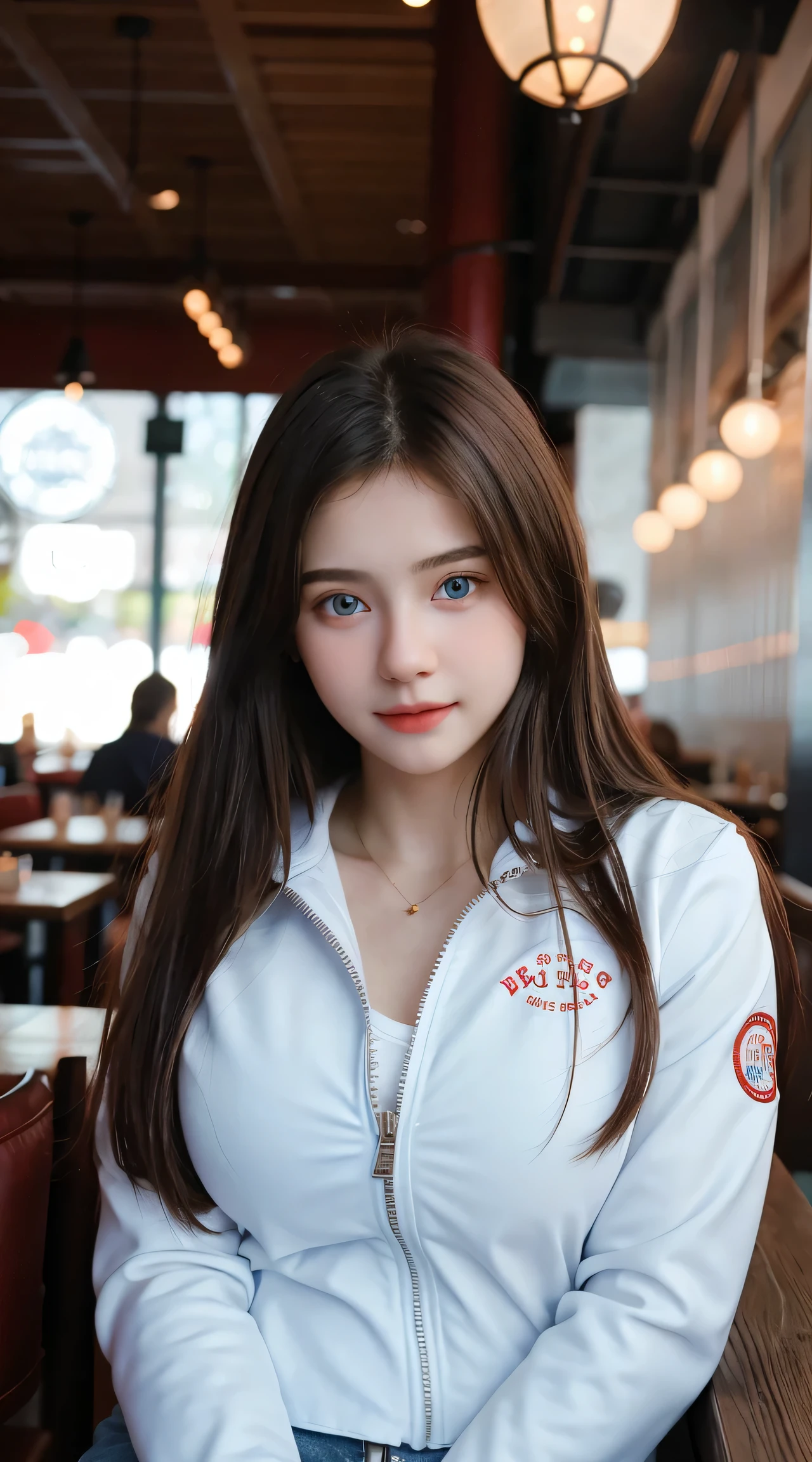 Gorgeus Girl, Beautiful, Baby Face, 20 Years Old, White Skin, Beside, Sexy Pose, long red t-shirt, Blue Eye, Bokeh, restaurant Background, Masterpiece, asking for a hug, full body Shot, open arms, Leather Jacket Long Sleeve Zipper, sitting inside the restaurant