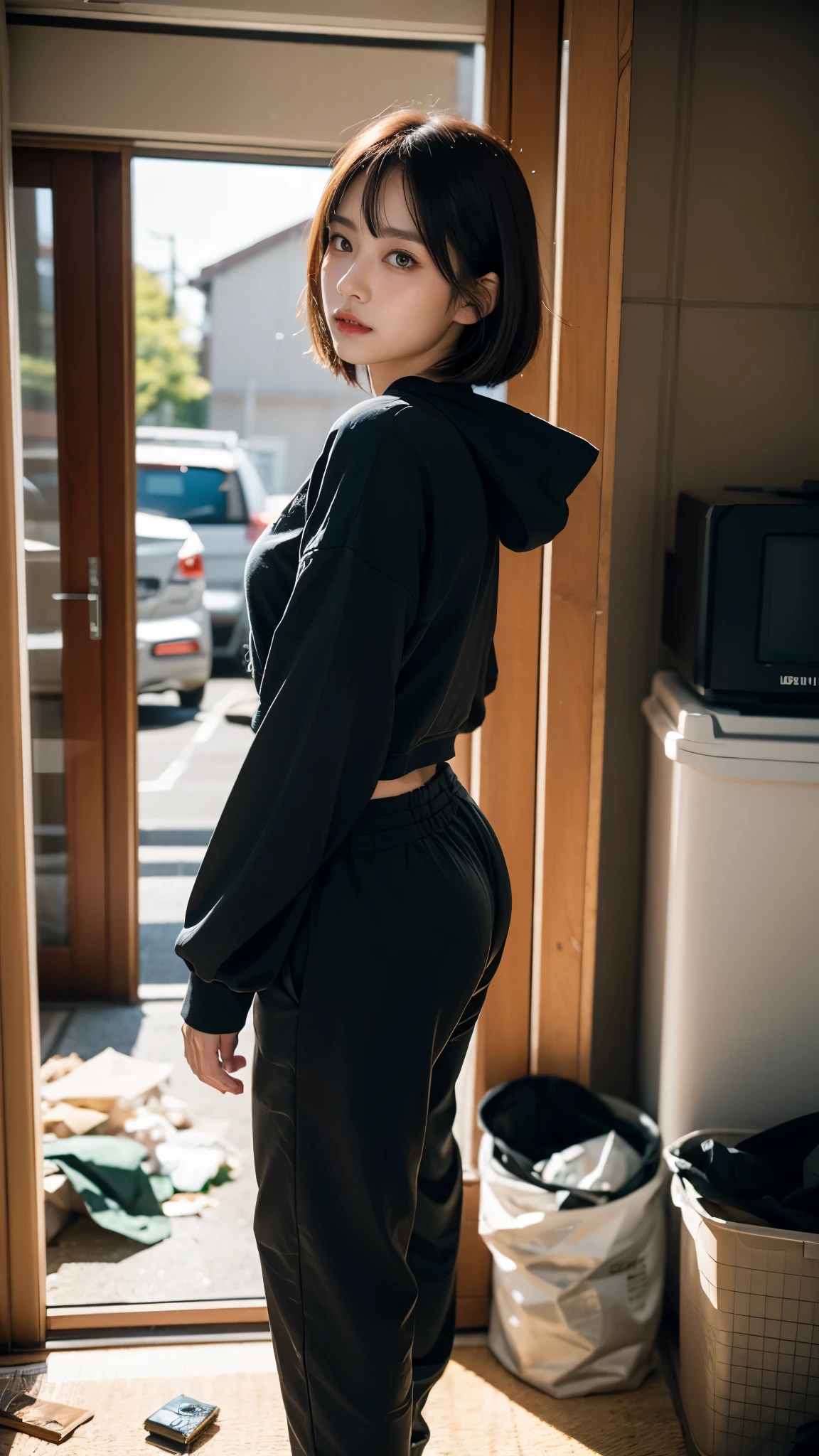 18-year-old,Korean women,(((Dirty interior))),(((Facing forward))),(((Frowning,カメラをGlaring))),(Very fine eye), (((Wearing a black hoodie,Wearing baggy pants))),(((The collapsing interior))),(((Old indoor))),((photograph)),((Woman in a trash dump)),(((Fabric Shading))), (((highest quality))), (((masterpiece))) strong girl, ((((Realistic)))), I have a card,Black Hair, chic hairstyle, ((With bangs,Straight medium bob cut, nice hair)), Light makeup,Red eyes, (((I&#39;m not wearing lipstick))),(((Surrounded by trash indoors))), (nice, strong), Strong night atmosphere, Centered Images, Focus on the camera, Elegant colors,Realistic Skin,Realistic texture,８k,whole body,Pale skin, (((Dirty garbage dump))),A huge amount of trash,Red iris,Expressionless,Glaring,Perfect Face,(((Big eyes))),She is wearing wide black pants,Mouth closed, portrait of aespaのウィンター,She is wearing black streetwear, Woman in black streetwear, 黒いハイテクな服を着た女性のphotograph, Girl wearing black hoodie, Cyberpunk Streetwear, Cyberpunk Streetwear street fashion e-girl,