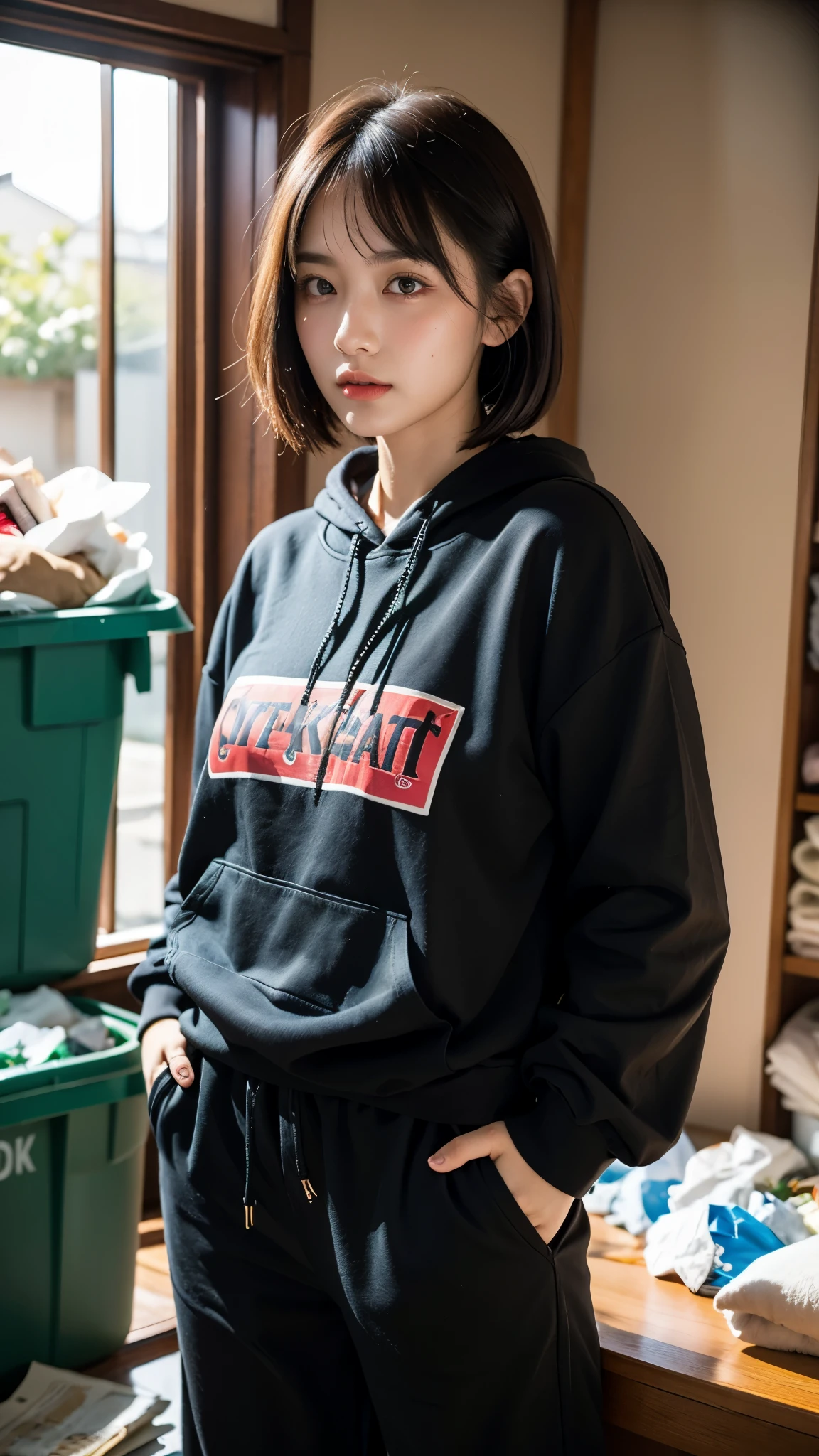 18-year-old,Korean women,(((Dirty interior))),(((Facing forward))),(((Frowning,カメラをGlaring))),(Very fine eye), (((Wearing a black hoodie,Wearing baggy pants))),(((The collapsing interior))),(((Old indoor))),((photograph)),((Woman in a trash dump)),(((Fabric Shading))), (((highest quality))), (((masterpiece))) strong girl, ((((Realistic)))), I have a card,Black Hair, chic hairstyle, ((With bangs,Straight medium bob cut, nice hair)), Light makeup,Red eyes, (((I&#39;m not wearing lipstick))),(((Surrounded by trash indoors))), (nice, strong), Strong night atmosphere, Centered Images, Focus on the camera, Elegant colors,Realistic Skin,Realistic texture,８k,whole body,Pale skin, (((Dirty garbage dump))),A huge amount of trash,Red iris,Expressionless,Glaring,Perfect Face,(((Big eyes))),She is wearing wide black pants,Mouth closed, portrait of aespaのウィンター,She is wearing black streetwear, Woman in black streetwear, 黒いハイテクな服を着た女性のphotograph, Girl wearing black hoodie, Cyberpunk Streetwear, Cyberpunk Streetwear street fashion e-girl,