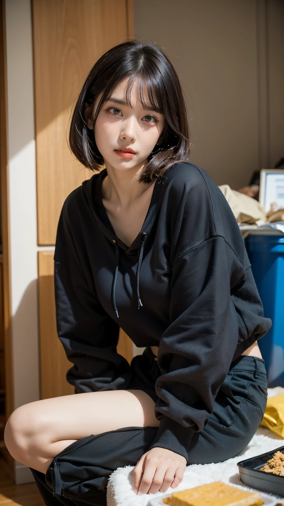 18-year-old,Korean women,(((Dirty interior))),(((Facing forward))),(((Frowning,カメラをGlaring))),(Very fine eye), (((Wearing a black hoodie,Wearing baggy pants))),(((The collapsing interior))),(((Old indoor))),((photograph)),((Woman in a trash dump)),(((Fabric Shading))), (((highest quality))), (((masterpiece))) strong girl, ((((Realistic)))), I have a card,Black Hair, chic hairstyle, ((With bangs,Straight medium bob cut, nice hair)), Light makeup,Red eyes, (((I'm not wearing lipstick))),(((Surrounded by trash indoors))), (nice, strong), Strong night atmosphere, Centered Images, Focus on the camera, Elegant colors,Realistic Skin,Realistic texture,8k,whole body,Pale skin, (((Dirty garbage dump))),A huge amount of trash,Red iris,Expressionless,Glaring,Perfect Face,(((Big eyes))),She is wearing wide black pants,Mouth closed, portrait of aespaのウィンター,She is wearing black streetwear, Woman in black streetwear, 黒いハイテクな服を着た女性のphotograph, Girl wearing black hoodie, Cyberpunk Streetwear, Cyberpunk Streetwear street fashion e-girl,