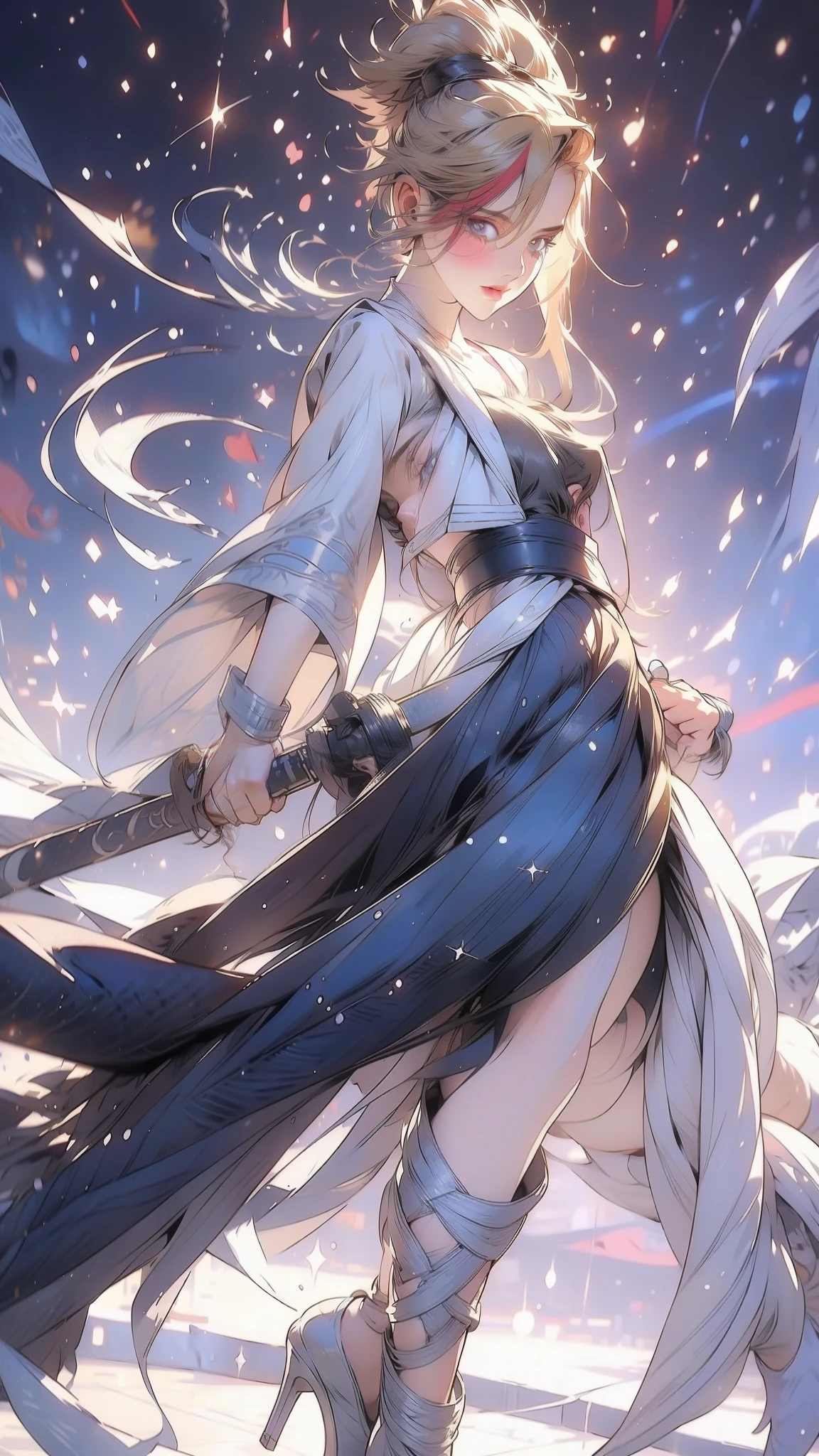 1 girl, ultra long hair, ultra detailed face, glowing lips, glowing blue eyes, very long ponytail, elegant walk, catwalk, holding down a  giant katana, blonde, long eyelashes, long boots , looking to the sky, starry sky, a ultra giant katana 