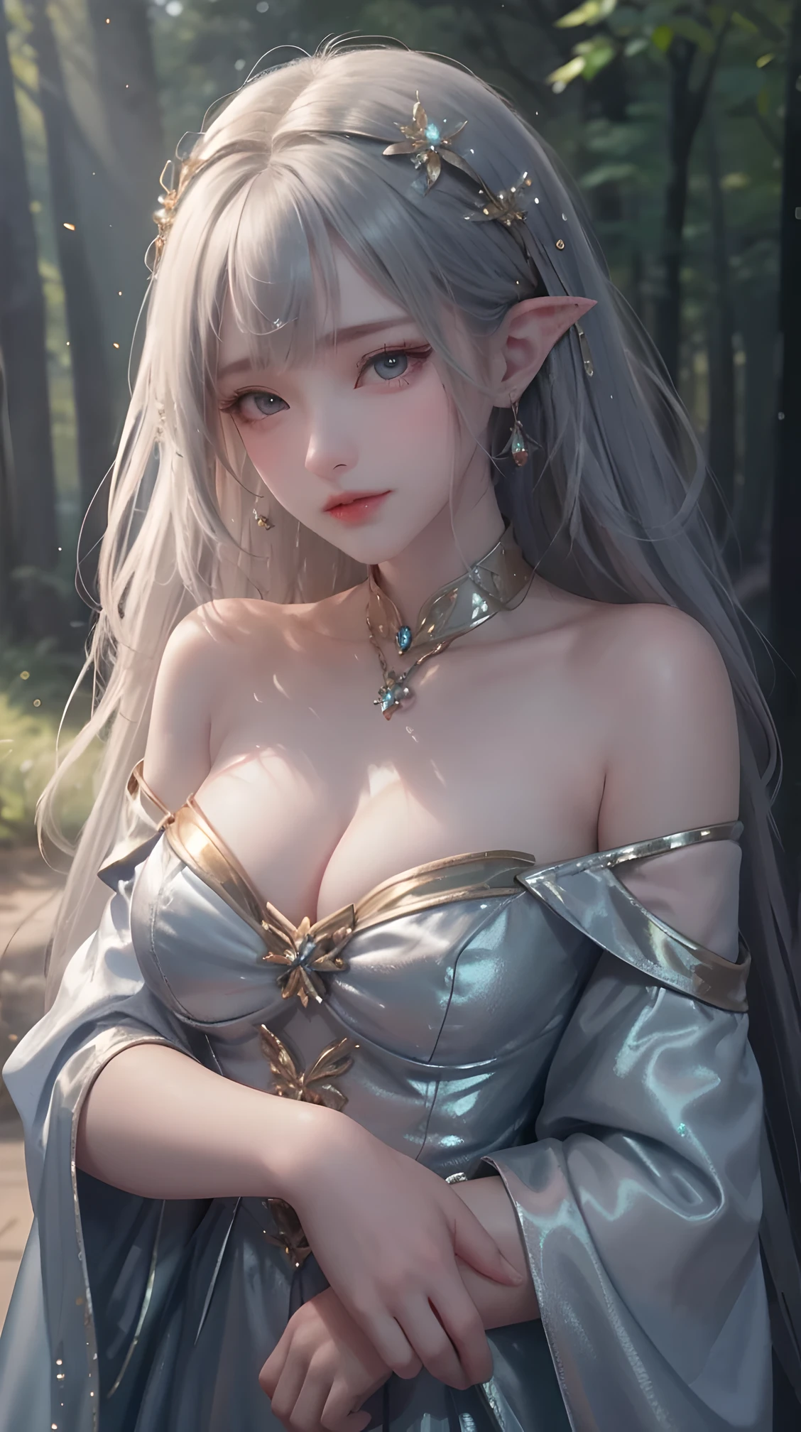 Masterpiece, Best quality, Super high resolution, Fluorescent color,, 1 girl, Looking at the audience, Beautiful face, Beautiful eyes, (Off-the-shoulder: 1.2), Head up, Upper body, forest, Shiny hair, Shiny skin, Glow-emission cut, tchibi, Finger proportions are coordinated