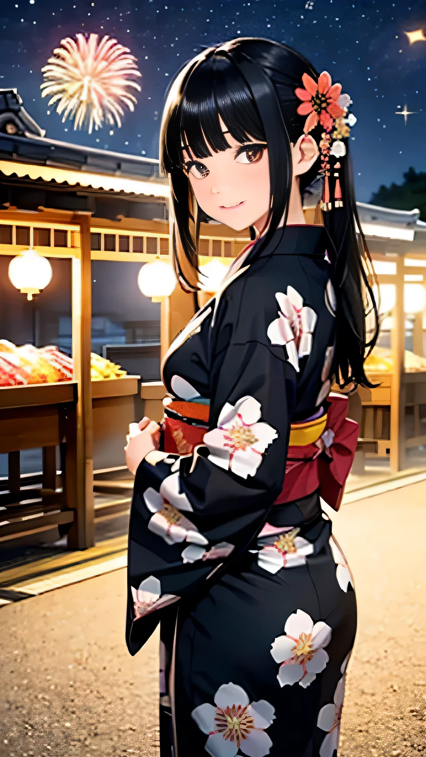 Full body,Looking back,♥(Japanese beautiful flower printed kimono,yukata),((1girl,cute,young,semi long beautiful black hair,blunt bangs,twin tales,beautiful eyes)),(solo),((masterpiece, highest resolution,best quality)), (beautiful illustration),(Japanese beautiful flower printed kimono,yukata),
 (looking at the viewer), innocent smile,cinematic lighting,Japanese Festival,stall,fireworks,night sky,full moon,shooting star,