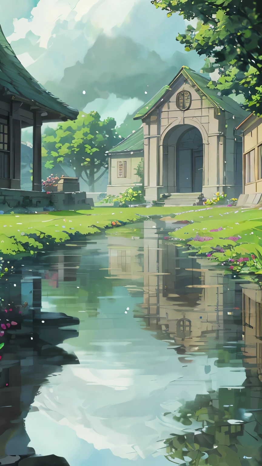 Concept art, serene countryside, tranquil puddles after rain, lush green landscape, cloudy sky with droplets glistening, atmospheric, intricate details in water reflections, realistic rendering, 4K resolution, HDR, UHD, professional color palette, clean lines, soft lighting, subtly blurred background to emphasize the foreground imagery.
