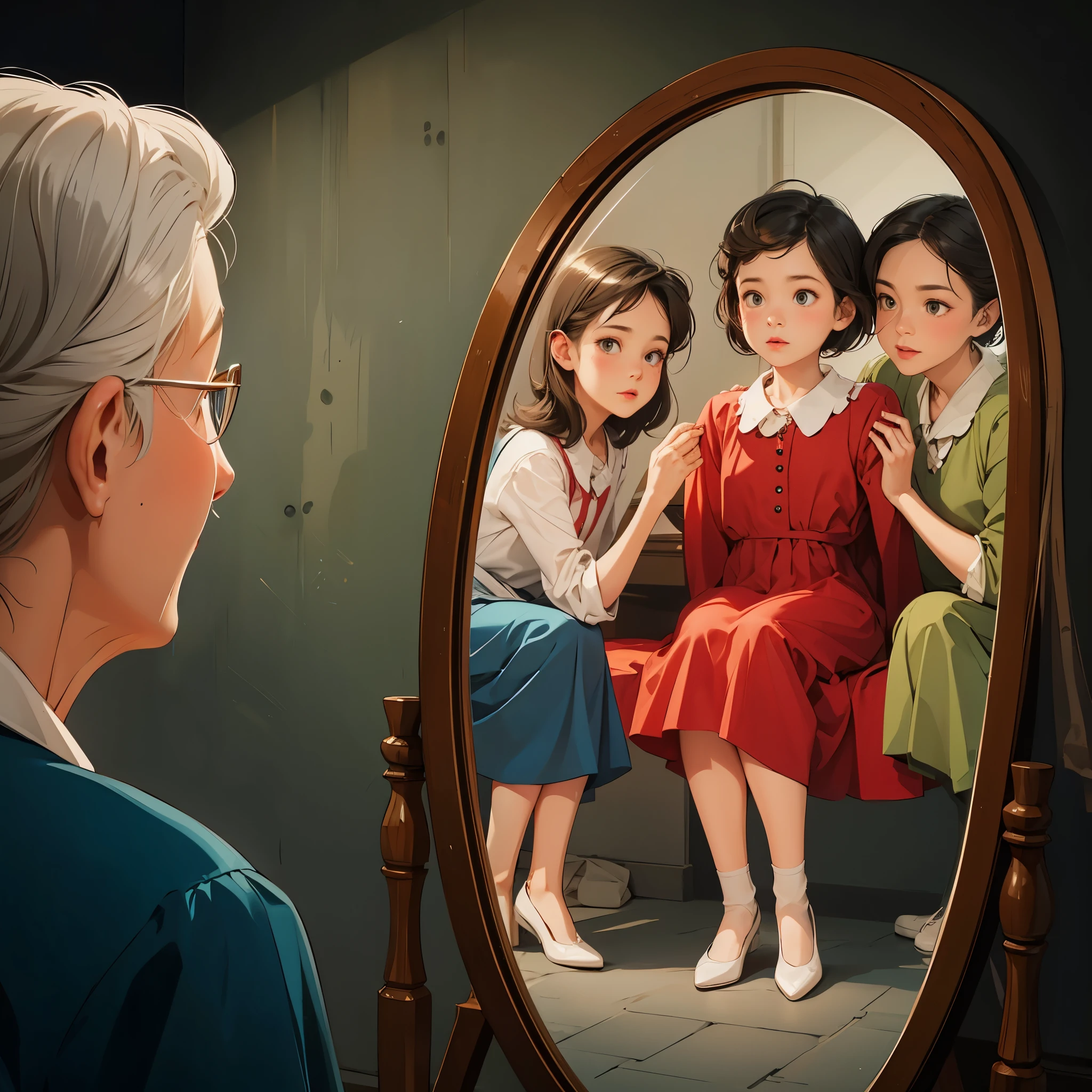 old woman looking in the mirror seeing her younger self with a few friends