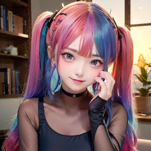 Small face、 (alone:1.5,)Very detailed,Bright colors, Very beautiful detailed anime faces and eyes, Look straight ahead, Shiny_skin,girl, (((Rainbow Hair, Colorful Hair, Half red、half blue hair: 1.2))), 、Shiny hair, Delicate beautiful face, blush、Glasses、(Turquoise Eyes), , Valletta, Earrings,、Flower Garden、Sunset、(((See-through、sexy、Floral、Pink one piece swimsuit、Black、,Translucent shirt)))、(Twin tails)、smile、Happy Face、face dyed red、Cheerful pose、dynamic、