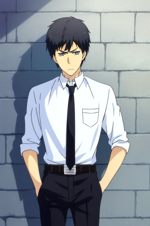 masterpiece, best quality, 1boy, arata_kaizaki, standing, upper body, looking at viewer, against wall, brick wall, black hair, blue eyes, annoyed, white shirt, black necktie, black pants, belt, hands in pockets,