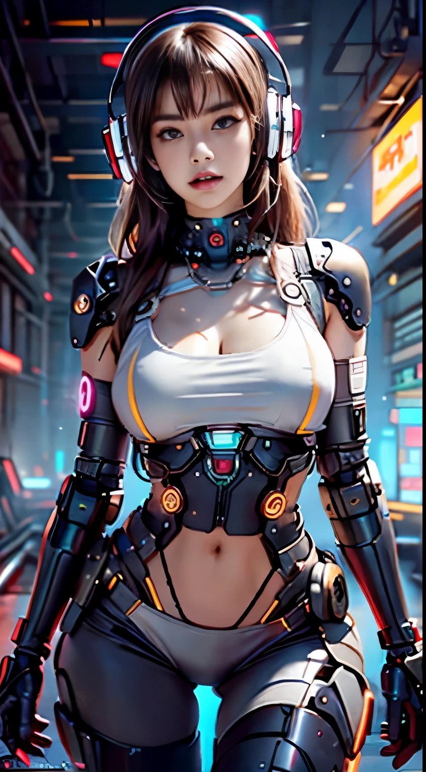 Virtual image,Realistic 8K images,hips up,Masterpiece,Complete Anatomy,Complete dynamic composition,morning sun,Light hits the front,young woman with long brown hair,Tattoos on the upper arms and stomach,cybernetic robot((Red and white cyberpunk robot)),headset,Headphones with glowing lights,glowing headphones,Bikini body - white_orange_gold_metal,,white tank top,The background of the giant gear is deserted at night..