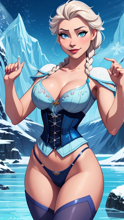 Beautiful character pose in dynamic pose two women together Queen Anna of Arendelle with 1,60cm to the left and together with Elsa of Arendelle with 1,75cm straight with symmetrical body with corset and beautiful breasts, corpo bem definido, delicado e sensual, estilo de desenho animado, digital illustration
