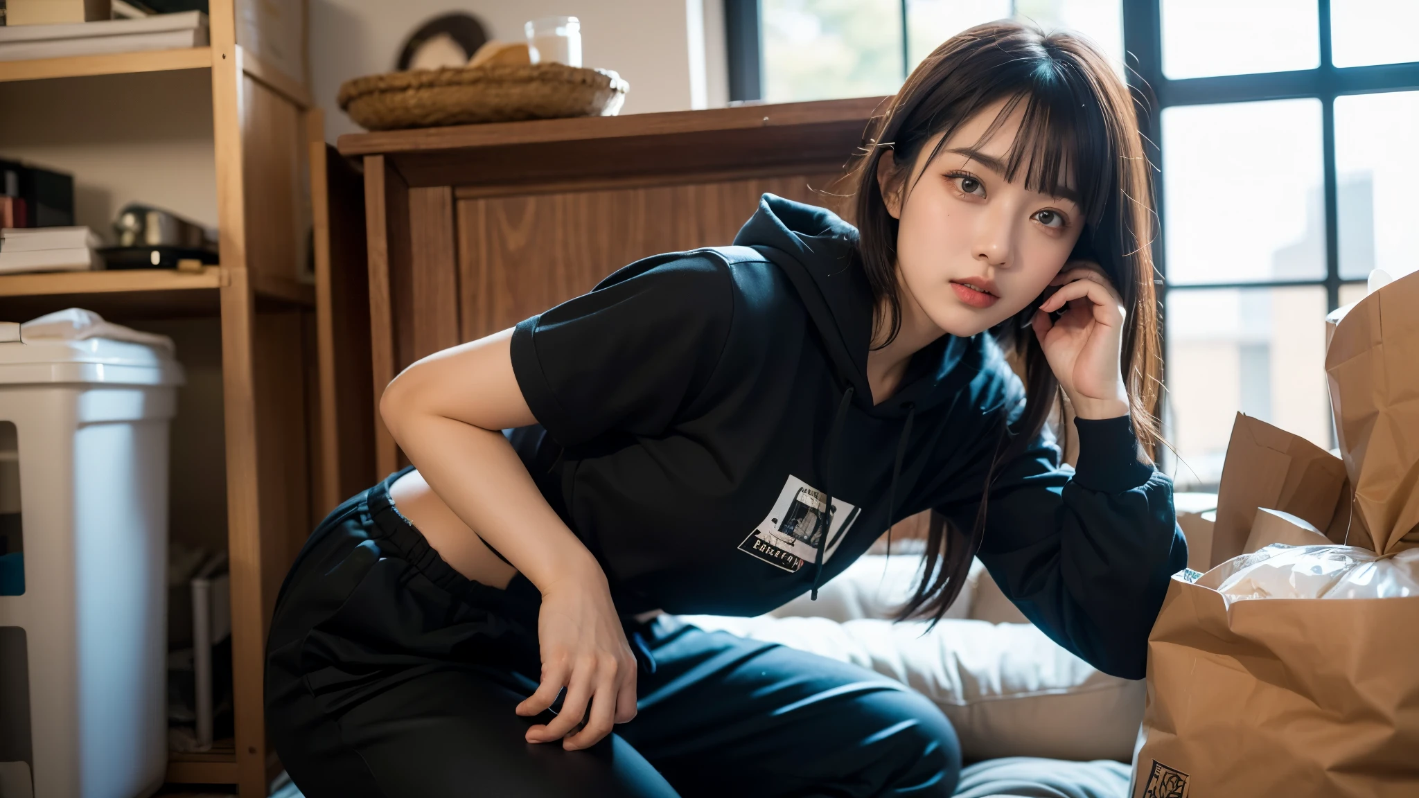 18-year-old,Korean women,(((Dirty interior))),(((Facing forward))),(((Frowning,カメラをGlaring))),(Very fine eye), (((Wearing a black hoodie,Wearing baggy pants))),(((The collapsing interior))),(((Old indoor))),((photograph)),((Woman in a trash dump)),(((Fabric Shading))), (((highest quality))), (((masterpiece))) strong girl, ((((Realistic)))), I have a card,Black Hair, chic hairstyle, ((With bangs,Straight medium bob cut, nice hair)), Light makeup,Red eyes, (((I'm not wearing lipstick))),(((Surrounded by trash indoors))), (nice, strong), Strong night atmosphere, Centered Images, Focus on the camera, Elegant colors,Realistic Skin,Realistic texture,8k,whole body,Pale skin, (((Dirty garbage dump))),A huge amount of trash,Red iris,Expressionless,Glaring,Perfect Face,(((Big eyes))),She is wearing wide black pants,Mouth closed, portrait of aespaのウィンター,She is wearing black streetwear, Woman in black streetwear, 黒いハイテクな服を着た女性のphotograph, Girl wearing black hoodie, Cyberpunk Streetwear, Cyberpunk Streetwear street fashion e-girl,