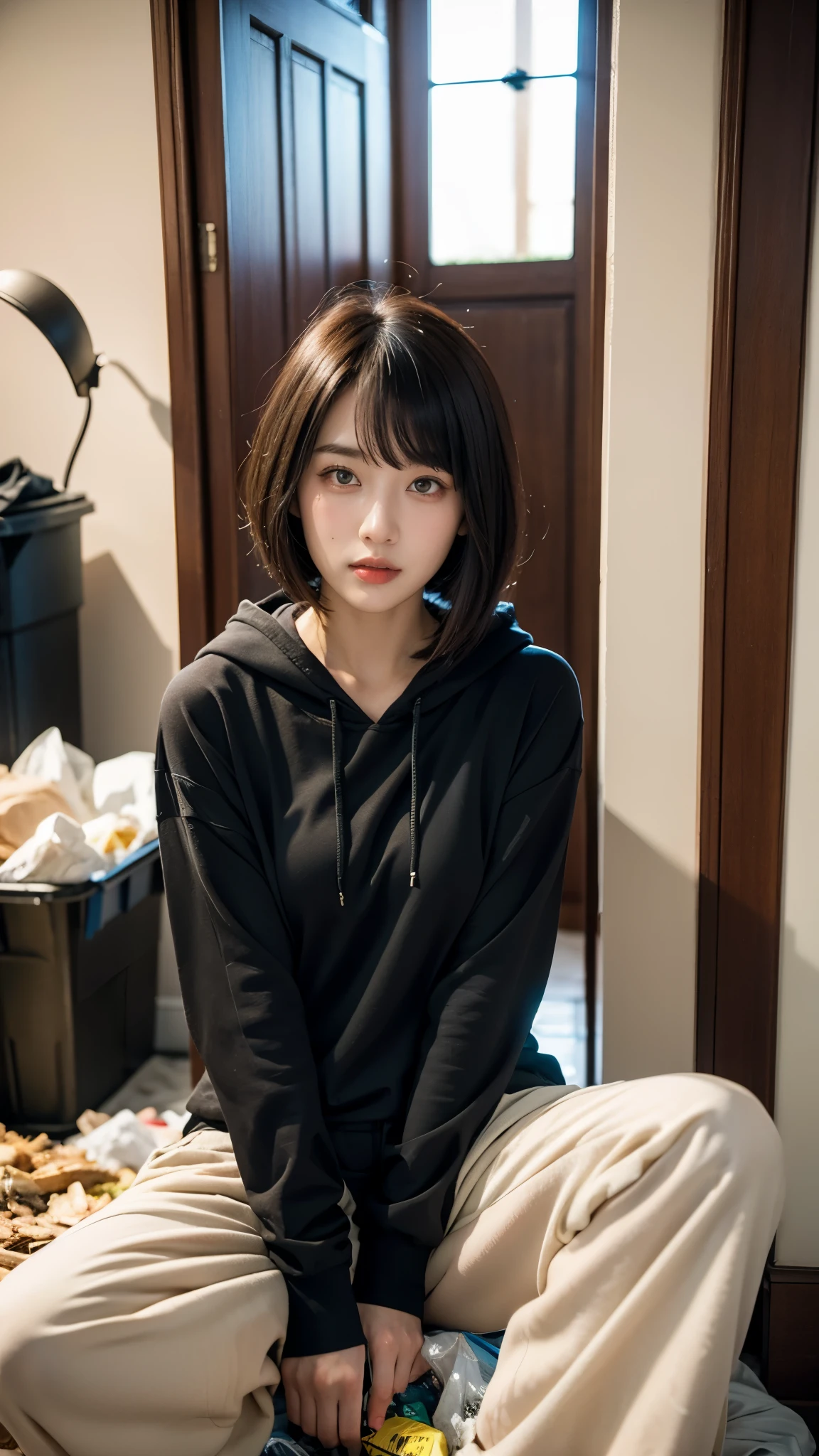 In a public toilet,18-year-old,Korean women,(((Dirty interior))),(((Facing forward))),(((Frowning,カメラをGlaring))),(Very fine eye), (((Wearing a black hoodie,Wearing baggy pants))),(((The collapsing interior))),(((Old indoor))),((photograph)),((Woman in a trash dump)),(((Fabric Shading))), (((highest quality))), (((masterpiece))) strong girl, ((((Realistic)))), I have a card,Black Hair, chic hairstyle, ((With bangs,Straight medium bob cut, nice hair)), Light makeup,Red eyes, (((I&#39;m not wearing lipstick))),(((Surrounded by trash indoors))), (nice, strong), Strong night atmosphere, Centered Images, Focus on the camera, Elegant colors,Realistic Skin,Realistic texture,８k,whole body,Pale skin, (((Dirty garbage dump))),A huge amount of trash,Red iris,Expressionless,Glaring,Perfect Face,(((Big eyes))),She is wearing wide black pants,Mouth closed, portrait of aespaのウィンター,She is wearing black streetwear, Woman in black streetwear, 黒いハイテクな服を着た女性のphotograph, Girl wearing black hoodie, Cyberpunk Streetwear, Cyberpunk Streetwear street fashion e-girl,