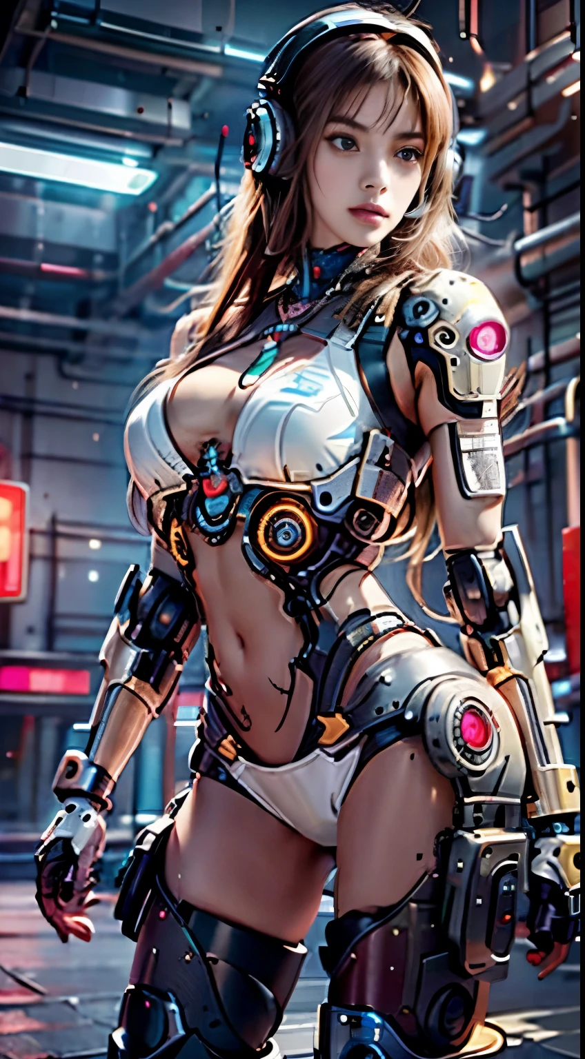 Virtual image,Realistic 8K images,hips up,Masterpiece,Complete Anatomy,Complete dynamic composition,morning sun,Light hits the front,young woman with long brown hair,Tattoos on the upper arms and stomach,cybernetic robot((Red and white cyberpunk robot)),headset,Headphones with glowing lights,glowing headphones,Bikini body - white_orange_gold_metal,,white tank top,The background of the giant gear is deserted at night..
