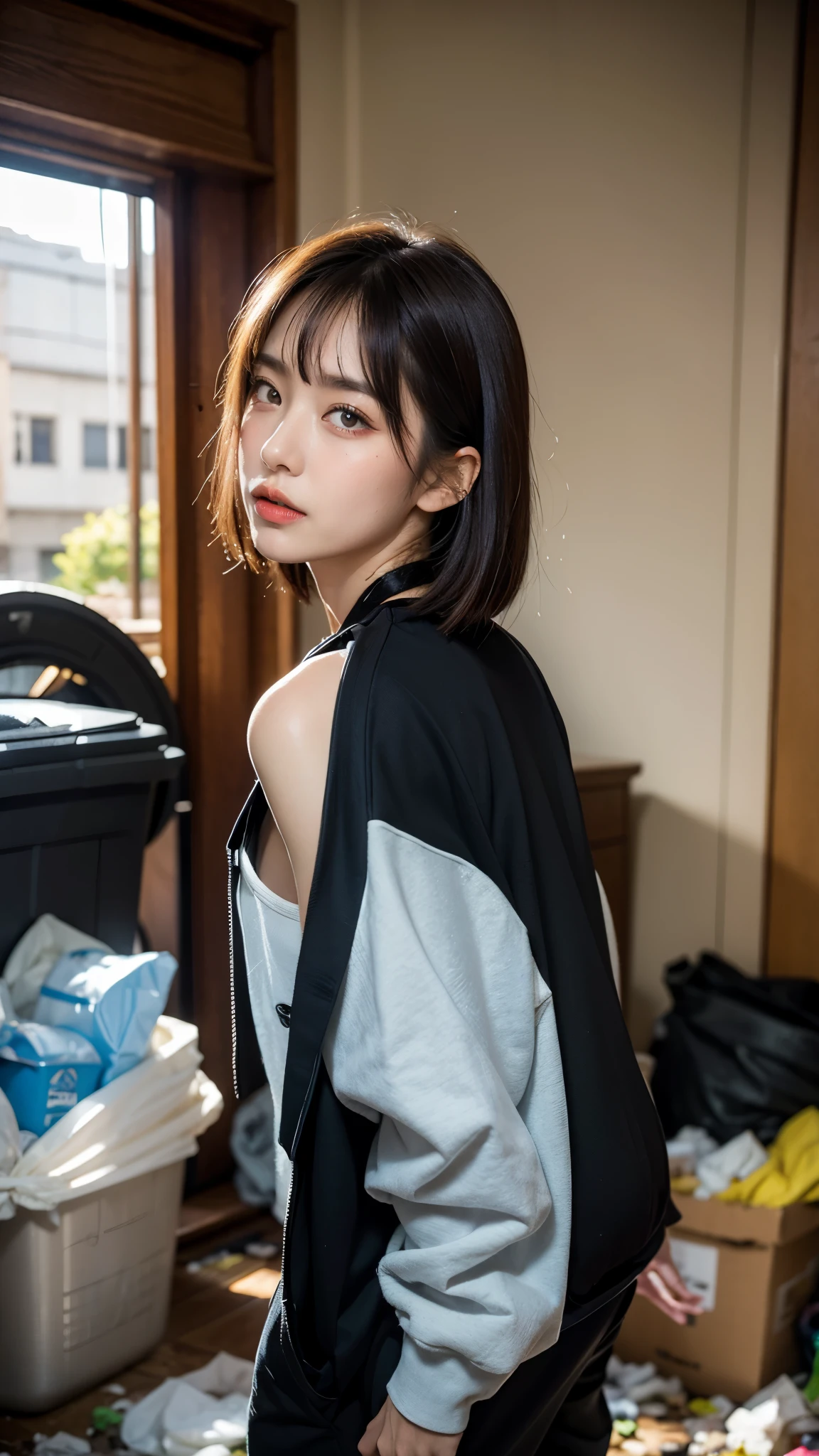In a public toilet,18-year-old,Korean women,(((Dirty interior))),(((Facing forward))),(((Frowning,カメラをGlaring))),(Very fine eye), (((Wearing a black hoodie,Wearing baggy pants))),(((The collapsing interior))),(((Old indoor))),((photograph)),((Woman in a trash dump)),(((Fabric Shading))), (((highest quality))), (((masterpiece))) strong girl, ((((Realistic)))), I have a card,Black Hair, chic hairstyle, ((With bangs,Straight medium bob cut, nice hair)), Light makeup,Red eyes, (((I'm not wearing lipstick))),(((Surrounded by trash indoors))), (nice, strong), Strong night atmosphere, Centered Images, Focus on the camera, Elegant colors,Realistic Skin,Realistic texture,8k,whole body,Pale skin, (((Dirty garbage dump))),A huge amount of trash,Red iris,Expressionless,Glaring,Perfect Face,(((Big eyes))),She is wearing wide black pants,Mouth closed, portrait of aespaのウィンター,She is wearing black streetwear, Woman in black streetwear, 黒いハイテクな服を着た女性のphotograph, Girl wearing black hoodie, Cyberpunk Streetwear, Cyberpunk Streetwear street fashion e-girl,