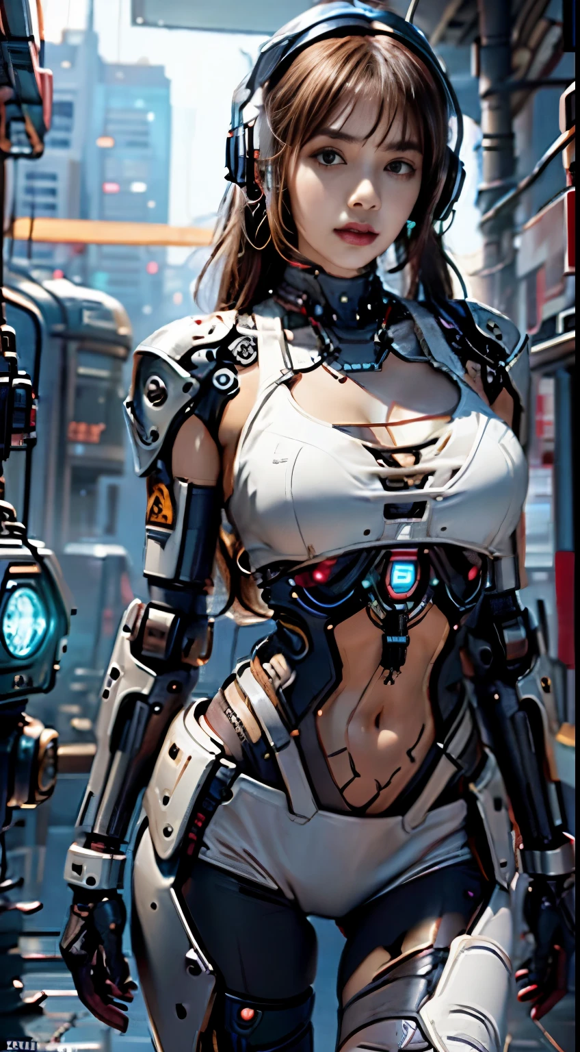 Virtual image,Realistic 8K images,hips up,Masterpiece,Complete Anatomy,Complete dynamic composition,morning sun,Light hits the front,young woman with long brown hair,Tattoos on the upper arms and stomach,cybernetic robot((Red and white cyberpunk robot)),headset,Headphones with glowing lights,glowing headphones,Bikini body - white_orange_gold_metal,,white tank top,The background of the giant gear is deserted at night..
