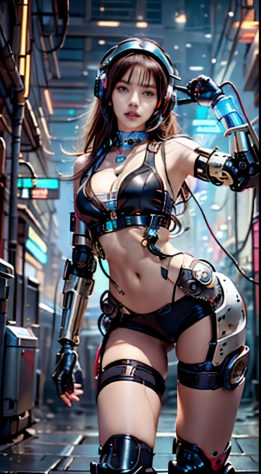 Virtual image,Realistic 8K images,hips up,Masterpiece,Complete Anatomy,Complete dynamic composition,morning sun,Light hits the front,young woman with long brown hair,Tattoos on the upper arms and stomach,cybernetic robot((Red and white cyberpunk robot)),headset,Headphones with glowing lights,glowing headphones,Bikini body - white_orange_gold_metal,,white tank top,The background of the giant gear is deserted at night..