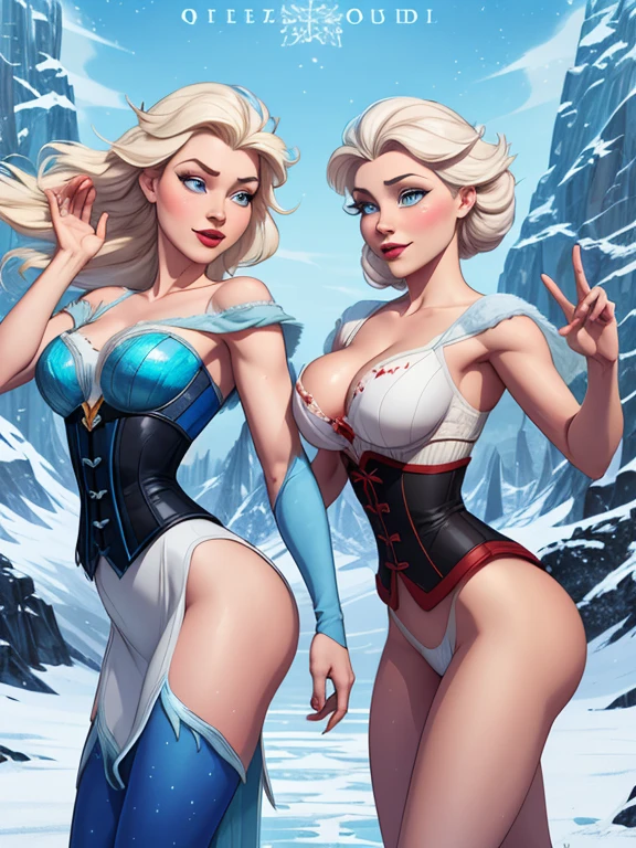 Beautiful character pose in dynamic pose two women together Queen Anna of Arendelle redhead with 1,60cm on the left and together with platinum blonde Elsa of Arendelle with 1,75cm straight with symmetrical body with corset and beautiful breasts, corpo bem definido, delicado e sensual, estilo de desenho animado, digital illustration
