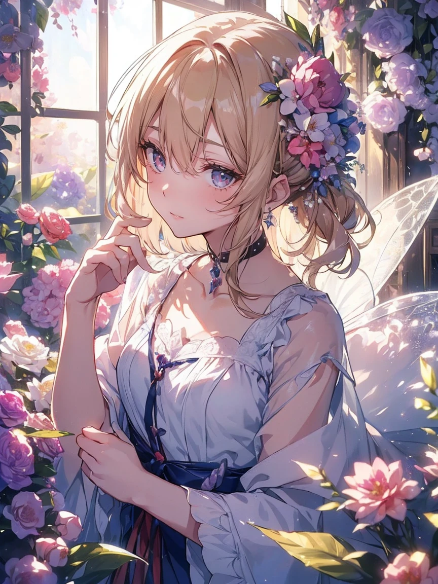 (highest quality, masterpiece, Very detailed, Very detailed, Exquisite, 16k,Full HD),A little closer,Golden Ratio,Dramatic lighting,pastel colour,(Happy),(smile:1.2),fly in the sky,Soft lighting, ((alone:1.5)),(White wall,brick room),Magical Forest,flower,wood,flower畑,葉っぱとflowerびらが舞う,From above,((head shot)),画面いっぱいのflower,(Fairy Princess, Purple eyes, Long eyelashes,White skin,slim,pale pink plump lips,Pale pink cheeks, The wind is blowing,blonde,thin and long,(thin and high nose,Small Nose),(腰の少しFrom above巨大な妖精の羽),flowerの魔法,flowerのティアラ,diamond earrings,Diamond Choker,(flowerびらをモチーフにしたflower付きホワイトボールガウンドレス, flowerが飾られたドレス,Lace and frills),(smile:1.2), (Fantasy, Romantic atmosphere),(((Looking at the viewers with a troubled gaze)))
