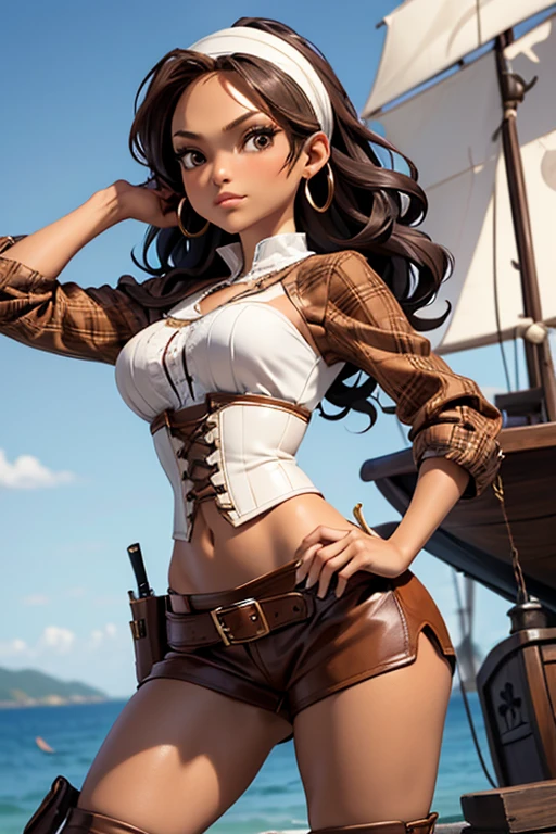 (masterpiece), best quality, expressive eyes, perfect face, (pirate ship background), (standing), (smirk), (closeup view), (1girl, Jennifer Lopez, dark skin, tanned skin, black hair, wavy hairstyle, brown eyes, hourglass figure, thin body, skinny body, petite_body, small breasts, thick thighs, long fingernails, brown plaid head wrap, white front lace blouse, long sleeve, loose fit, brown leather corset, brown leather shorts, brown boots, sheathed cutlass sword, flintlock pistol in holster, hoop earrings, miscellaneous jewelry)