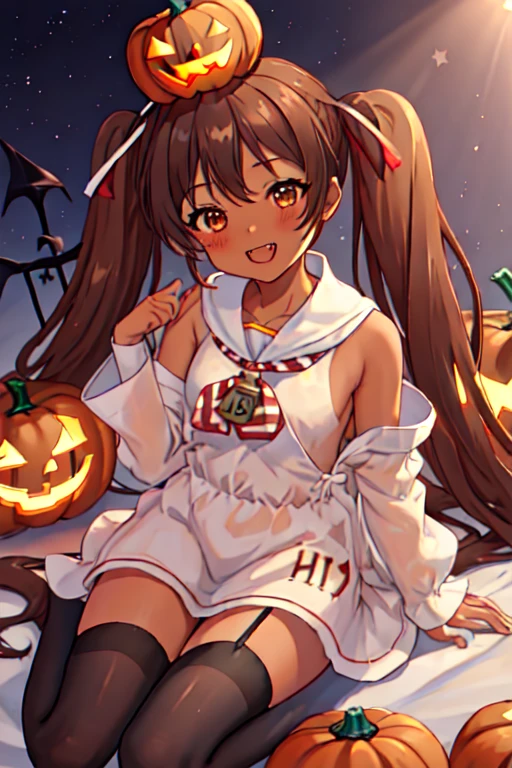 highest quality, masterpiece, High resolution, 一人in, {southwester_Fleet Collection:1.15}, length_hair, Brown_hair, Twin tails, dark_skin, dark-skinned_woman, Brown_eye, ribbon, Open_mouth, hair_ribbon, smile, tooth, blush, No sleeve, One girl, Halloween, Looking_in_Audience, pumpkin_hin, Halloween_Costumes, star_\(symbol\), nail_Pause, Jack-o&#39;-Lantern