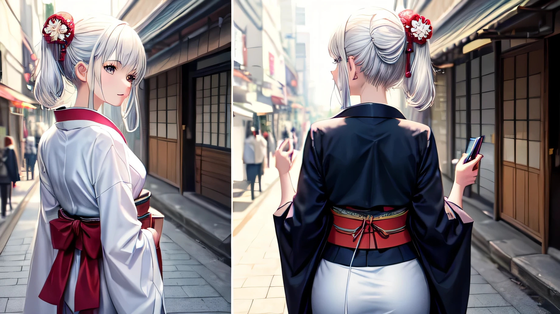 masterpiece, highest quality,  for anime,Back view,A beautiful woman wearing a Japanese kimono stands on the street,The hair on the head is white