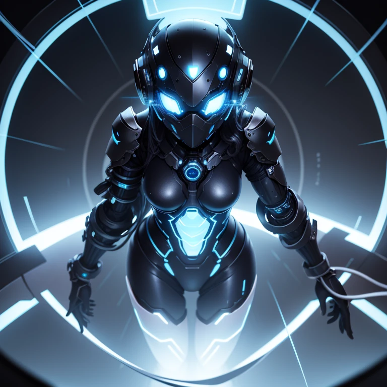 Masterpiece、Ultra-high resolution、Super detailed、8k、Vivid images、Atomic Heart Mechanical Girl、Metallic Cyber Helmet、The entire face is covered by a visor、Light blue glowing eyes、Shiny black metallic body、Metal skin、It is maintained in a dedicated mechanical box.、Tentacle-like tubes wrap around your arms, legs, and entire body.、M-shaped legs