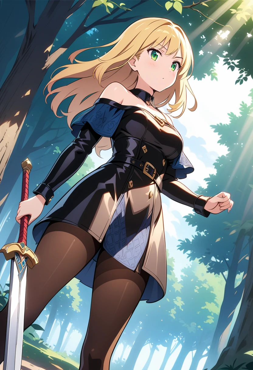 (masterpiece, best quality, ultra-detailed, high resolution, detailed eyes), nsfw, {vulgar}, takeda hiromitsu style, (1 mature female), elf, long straight hair, blonde hair, curvy body, white skin, green clothes, forest, leaning against tree, standing, scared, bdsm, arms up, blindfold, restrained, bound arms, 1boy, skirt lift , fingering pussy, pov
