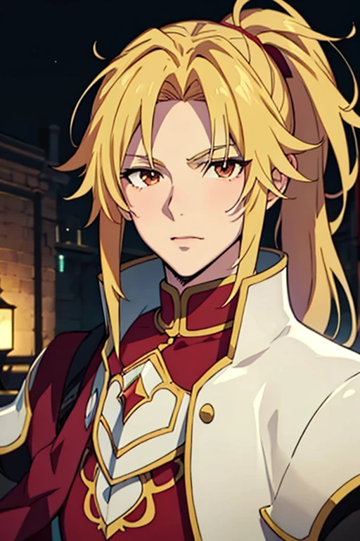 masterpiece, best quality, photorealistic, 1boy, solo, male focus, looking at viewer, upper body, , motoyasu_kitamura, blonde hair, ponytail, long hair, brown eyes, , , , High definition
