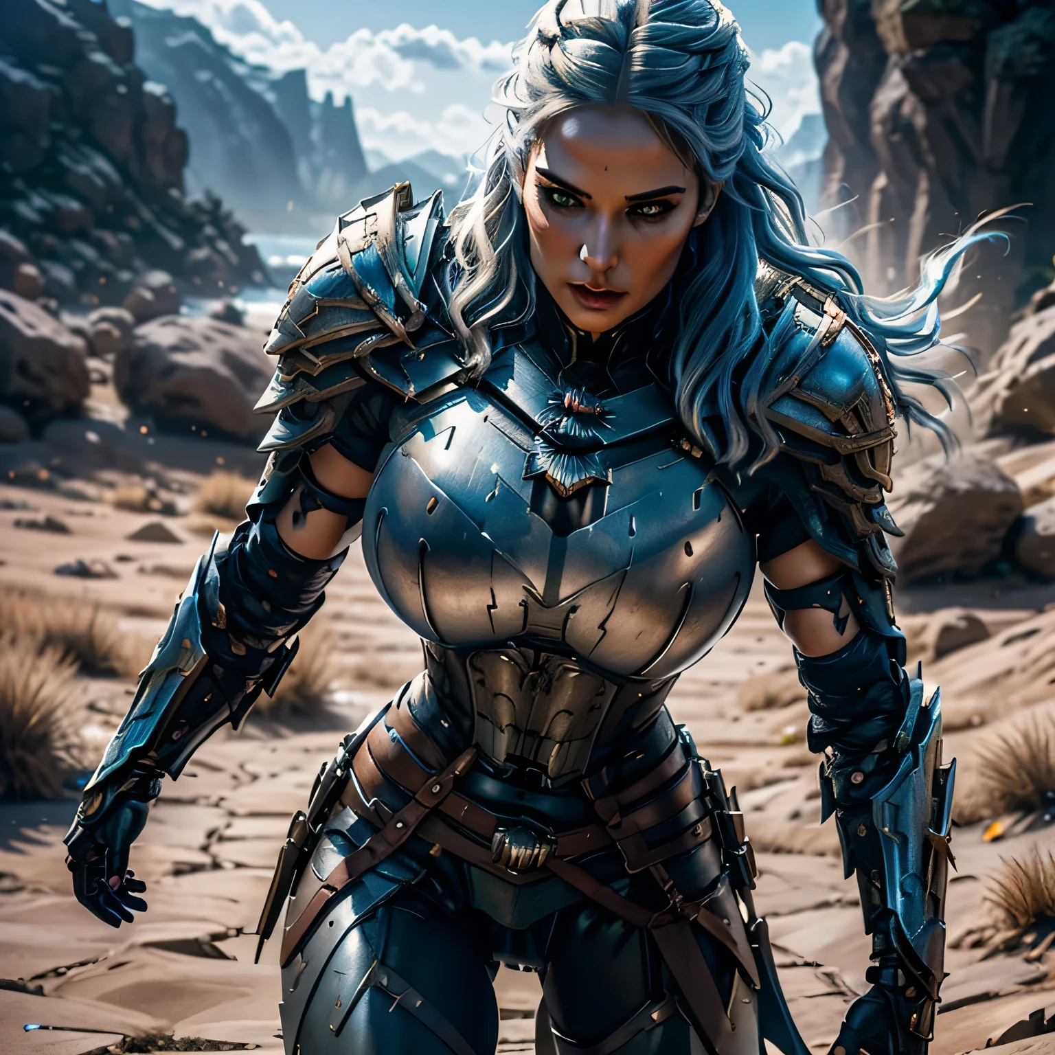 8K,asgard female warrior with very big breasts,Super beautiful(like the real thing),black very large chest armor,realistic skin,luxury black pants,Has a large, long black spear,sexy,muscular slim body,ripped abs,black shoulder armor,black waist armor,black leg armor,desert, rich colors, Backlight, cinematic lighting, film grain, RAW, 50mm lens,nikon D850,ultra high resolution,Super realistic,goddess,battle scene,action scene,action pose,shine a light on the face, long wavy blue hair, the Witcher, the Witcher armor, yennefer