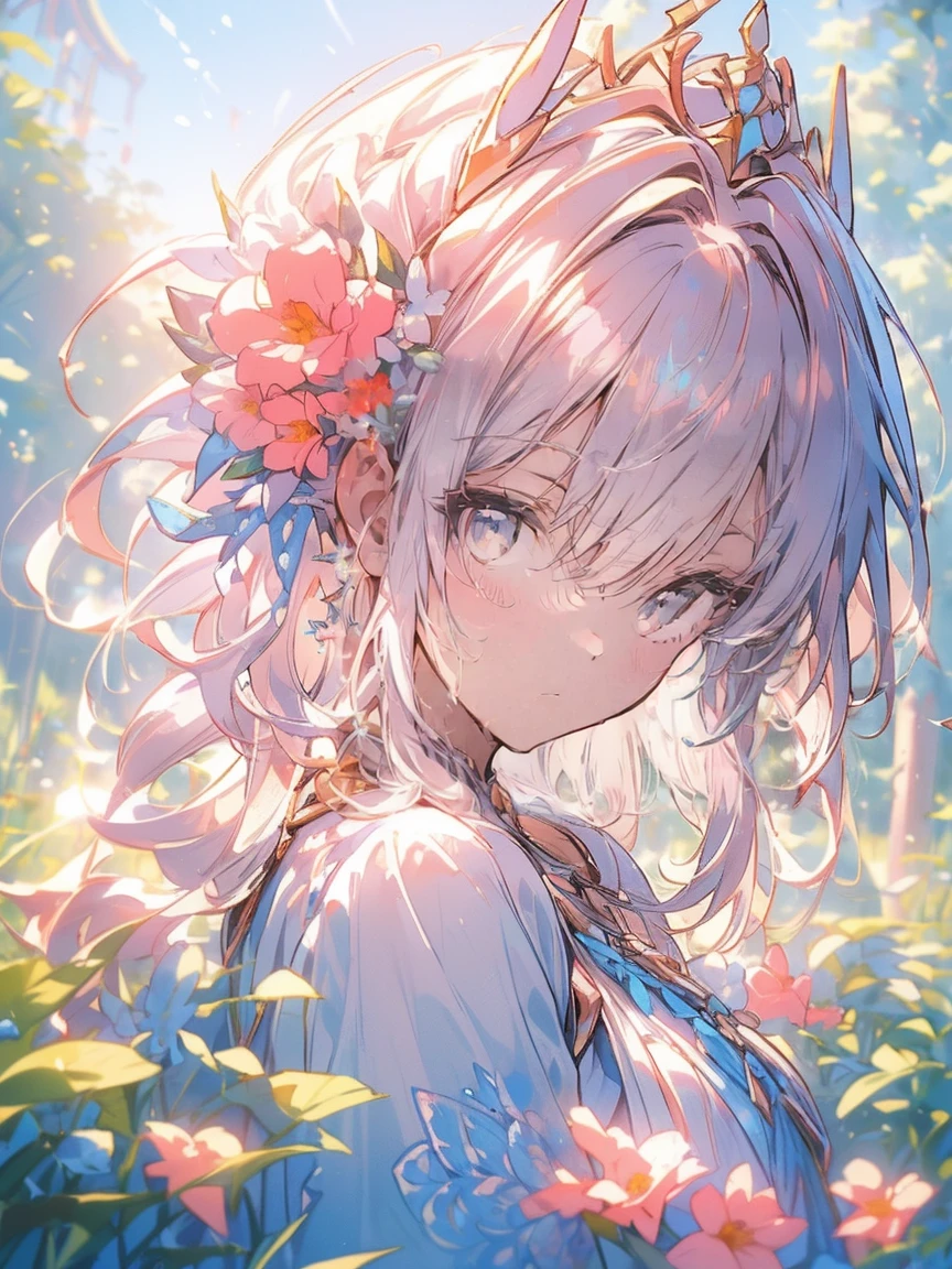 (highest quality, masterpiece, Very detailed, Very detailed, Exquisite, 16k,Full HD),A little closer,Golden Ratio,Dramatic lighting,pastel colour,(Happy),(smile:1.2),fly in the sky,Soft lighting, ((alone:1.5)),(White wall,brick room),Magical Forest,flower,wood,flower畑,葉っぱとflowerびらが舞う,From above,((head shot)),画面いっぱいのflower,(Fairy Princess, Purple eyes, Long eyelashes,White skin,slim,pale pink plump lips,Pale pink cheeks, The wind is blowing,blonde,thin and long,(thin and high nose,Small Nose),(腰の少しFrom above巨大な妖精の羽),flowerの魔法,flowerのティアラ,diamond earrings,Diamond Choker,(flowerびらをモチーフにしたflower付きホワイトボールガウンドレス, flowerが飾られたドレス,Lace and frills),(smile:1.2), (Fantasy, Romantic atmosphere),(((Looking pitifully at the viewers)))