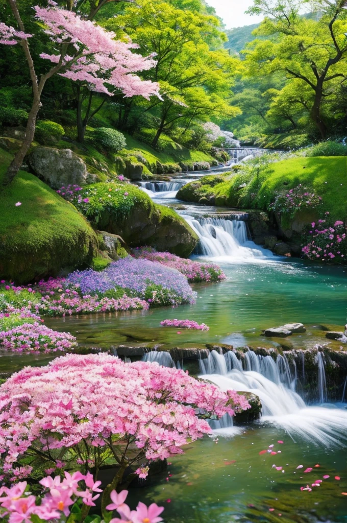 highest quality、Many petals flow like a waterfall、Artwork、colorful、Beautiful sight、River of Flowers