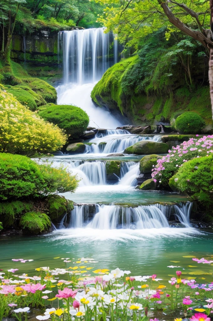 highest quality、Many petals flow like a waterfall、Artwork、colorful、Beautiful sight、River of Flowers