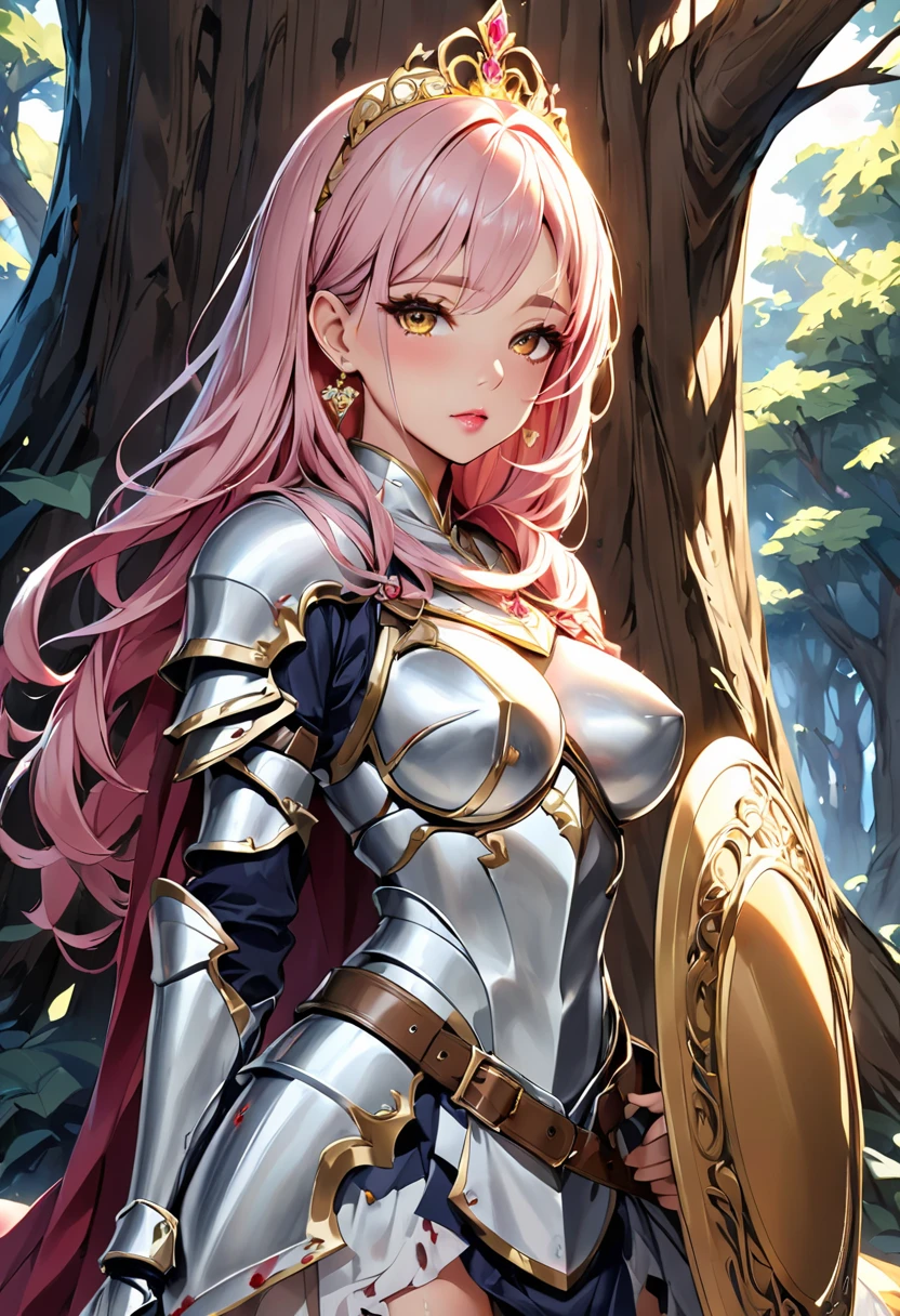 NSFW, masterpiece、highest quality、Ultra-high resolution、Maximum resolution、very detailed、Professional Lighting、anime、Adult women、thin、so beautiful、Beautiful face、Armored Dress、Pure white full-plate armor、Shiny Armor、Golden decoration、Gorgeous tiara、Golden earrings、Frilly Armor、Pink Hair、Golden Eyes、Pink Lips、gold belt、Cape、Damaged armor、There's blood on it、With gorgeous sword and shield、In front of the big tree