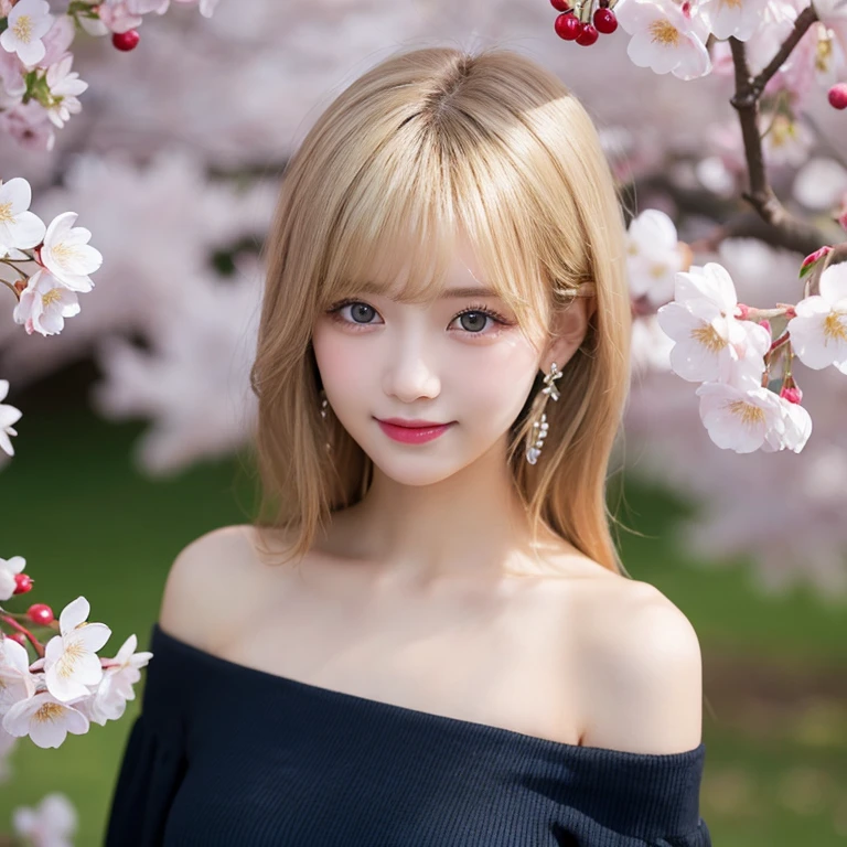 highest quality、High resolution、8K、delicate、Dynamic composition、(Beautiful 20 year old girl:1.5)、(blonde hair:1.3)、(Smooth and shiny hair:1.2)、(Large clear blue eyes:1.2)、(White skin:1.2)、(big breasts:1.2)、(semi-long:1.1)、(cherry blossoms are fluttering:1.2)、bangs、(Wearing a black off-the-shoulder outfit)、Shiny earrings、Pink Lips、double eyelid、Long eyelashes、smile、front、looking at the camera、Upper Body、cute、sexy、Slender body
