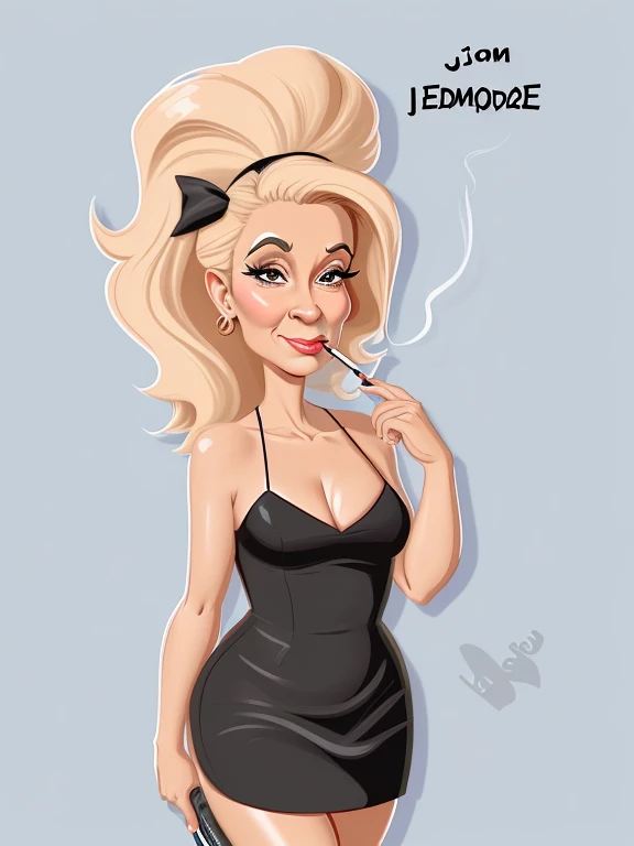 ((digital drawing)),((4k)),((JIM EIDOMODE)),((Best quality)), drawing of a woman with a black dress and a cigarette in her mouth, caricature style, in cartoon style, caricature, cel shaded:15, cartoon art style, caricature illustration, cartoon portrait, cartoon digital art, cel shaded!!!, digital art cartoon, caricature, cartoon style illustration, cartoon look cartoon, inspired by Tina Blondell, caricature