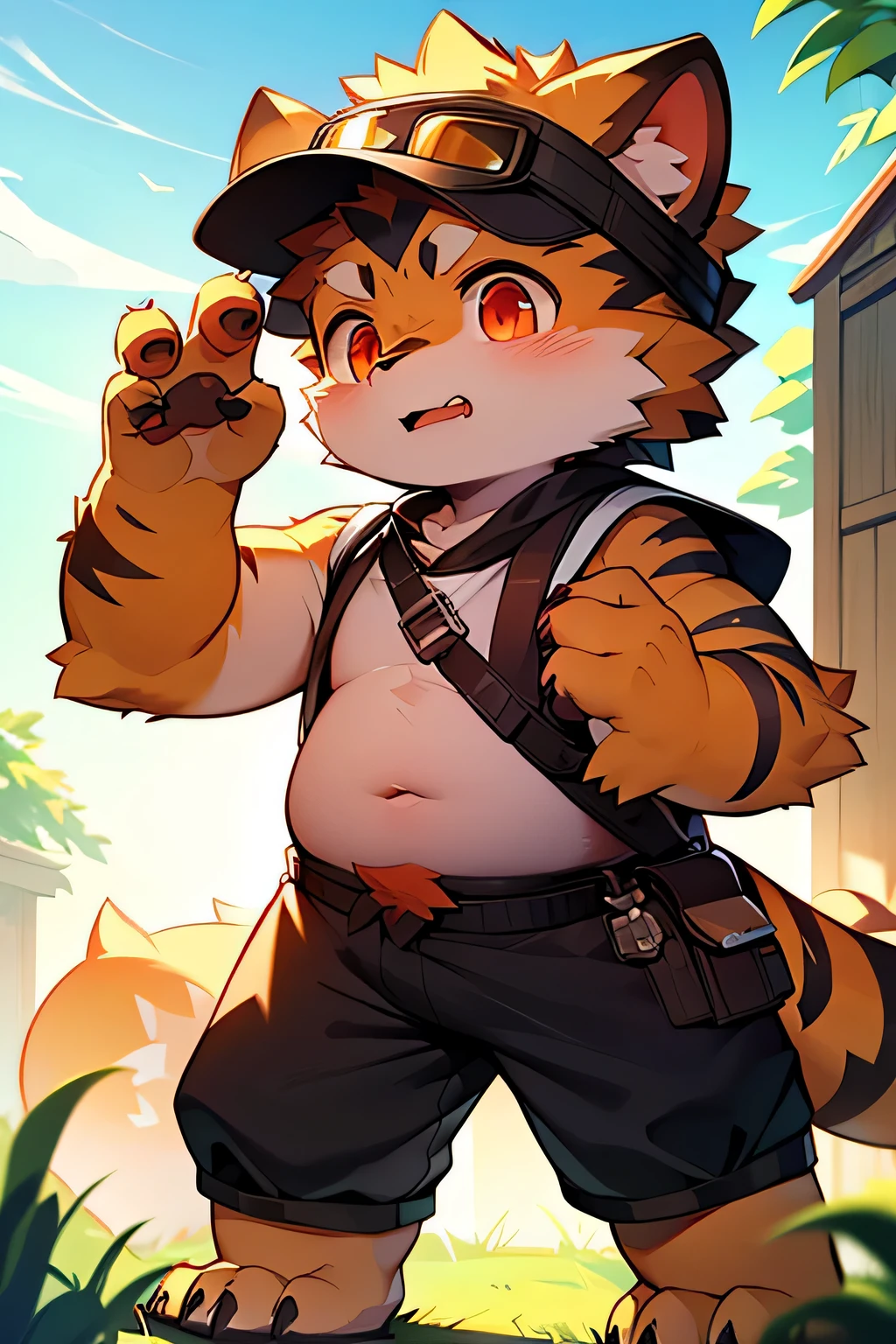 author:Jarris, author:Kirito,author:Milk Tiger 1145, mammal, Shota,hairy, male, Solitary, Wear, Sun Visor, Stand up,Pokémon trainer,Red eyes,Thick eyebrows,hairy tail,Super detailed:1.0,Horny boy,The beast also,The beast also,The beast also,Shota(Dagasse Street:1.1),anatomically correct,Red Claw,attention,bald,full,Chubby,