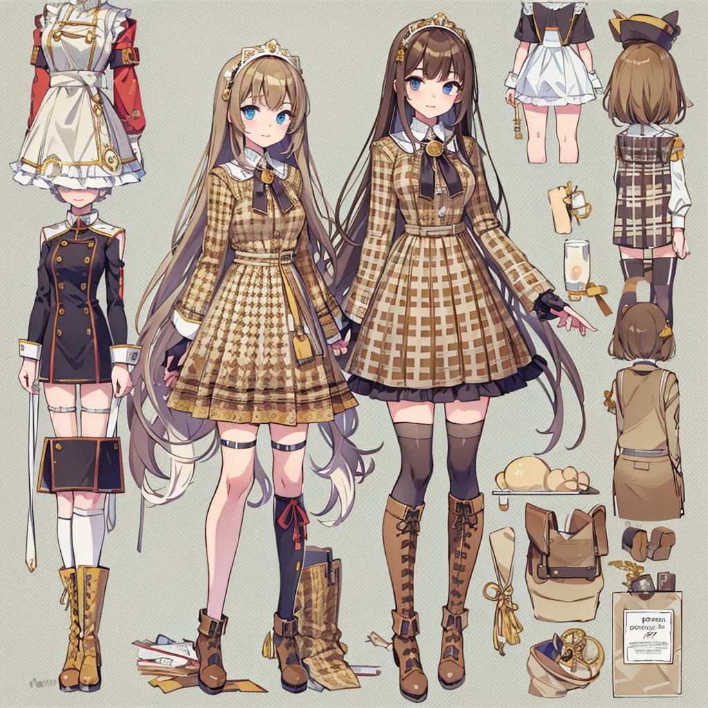 vtuber-fullbody、highest quality、Masterpiece、Official Art、8K、Beige and dark brown houndstooth long sleeve A-line dress、Knee-high boots、