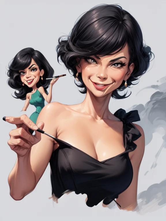 ((digital drawing)),((4k)),((JIM EIDOMODE)),((Best quality)), drawing of a woman with a black dress and a cigarette in her mouth, caricature style, in cartoon style, caricature, cel shaded:15, cartoon art style, caricature illustration, cartoon portrait, cartoon digital art, cel shaded!!!, digital art cartoon, caricature, cartoon style illustration, cartoon look cartoon, inspired by Tina Blondell, caricature