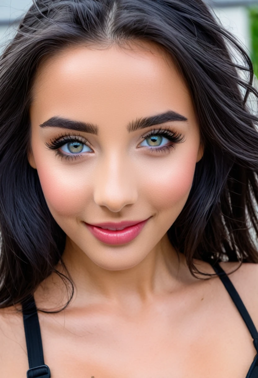 k, roh, Beautiful art, professional artist, 8k, Kunststil von sciamano240, Sehr detailliertes Gesicht, sehr detailreiches Haar, 1 girl, 21 Jahre alt, perfect drone body, pretty face, lange Haare, schwarz Haare , normale schwarze Augen, Schmollmund , rosige Wangen, komplizierte Details in den Augen, playful smile, direkt auf den Betrachter blicken , verliebt in den Ausdruck des Betrachters, Lippenstift, sommerliche Innenstadtkulisse,