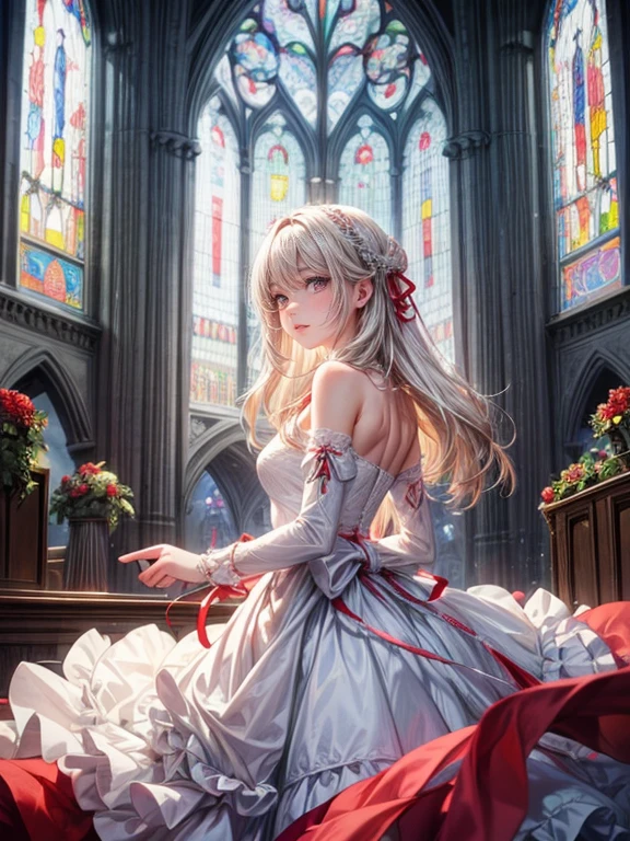 cowboyshot, masterpiece:1.2, 32k, ultra-detailed:1.2, photorealistic:1.37, cute girl in front of the church altar, big cute red ribbon on the waist:1.2, beautiful delicate (hair, eyes, lips, skin, stained glass, background), sparkling eyes, platinum blond straight hair, pure white wedding dress(bare shoulder, sleeve less), vibrant colors illustration, joyfull poseing