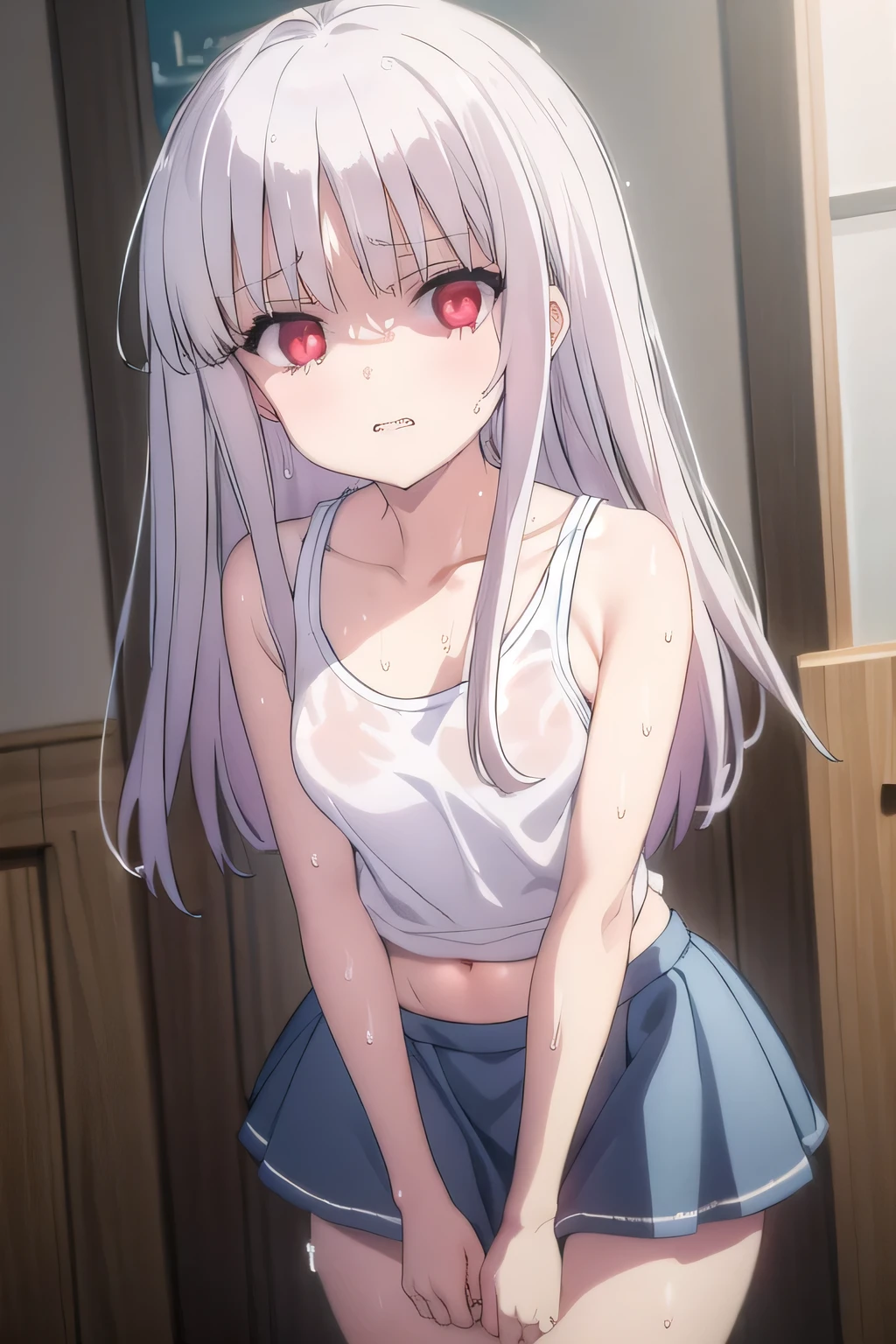 masterpiece, best quality, ultra-high-detailed, Disgusted face, white hair, red eyes, sigtuna julie , small breast, navel, ,Sweat, Warm body, hot body, A lot sweat , more sweat, hot temperature, , sweating, looking to viewer, deep eyes , evil smile, Sweated a lot, warm room, White wet t-shirt, mini skirt