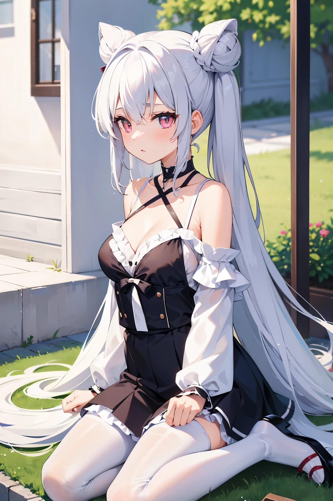  1girl, loli, pink eyes, from side, white hair, double buns, long hair,blurry eyes, detailed eyes,[[sheya]],hiten_(hitenkei),[Nachoneko], bare shoulders, collarbone, chocker, [artist:hoshi \(snacherubi\),]full body, white pantyhose, breasts,white background, best quality, masterpiece, bubble, white pantyhose