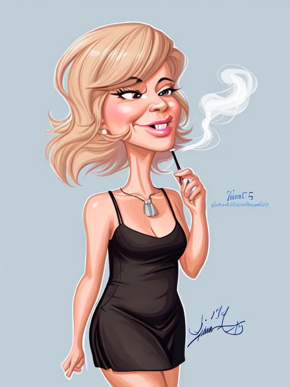 ((digital drawing)),((4k)),((JIM EIDOMODE)),((Best quality)), drawing of a woman with a black dress and a cigarette in her mouth, caricature style, in cartoon style, caricature, cel shaded:15, cartoon art style, caricature illustration, cartoon portrait, cartoon digital art, cel shaded!!!, digital art cartoon, caricature, cartoon style illustration, cartoon look cartoon, inspired by Tina Blondell, caricature