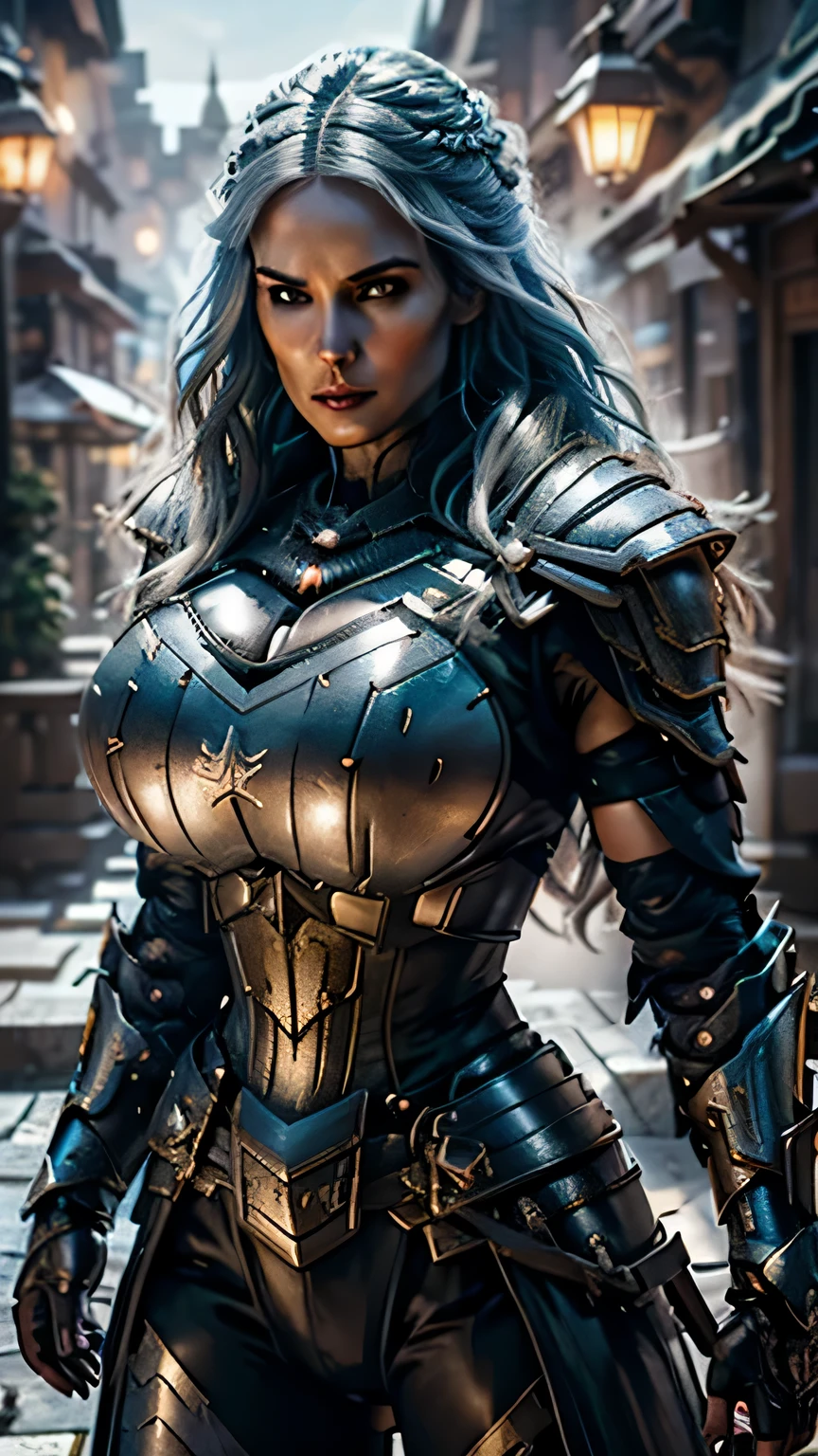 8K,asgard female warrior with very big breasts,Super beautiful(like the real thing),black very large chest armor,realistic skin,luxury black pants,Has a large, long black spear,sexy,muscular slim body,ripped abs,black shoulder armor,black waist armor,black leg armor,desert, rich colors, Backlight, cinematic lighting, film grain, RAW, 50mm lens,nikon　D850,ultra high resolution,Super realistic,goddess,battle scene,action scene,action pose,shine a light on the face, long wavy blue hair, the Witcher, the Witcher armor, yennefer