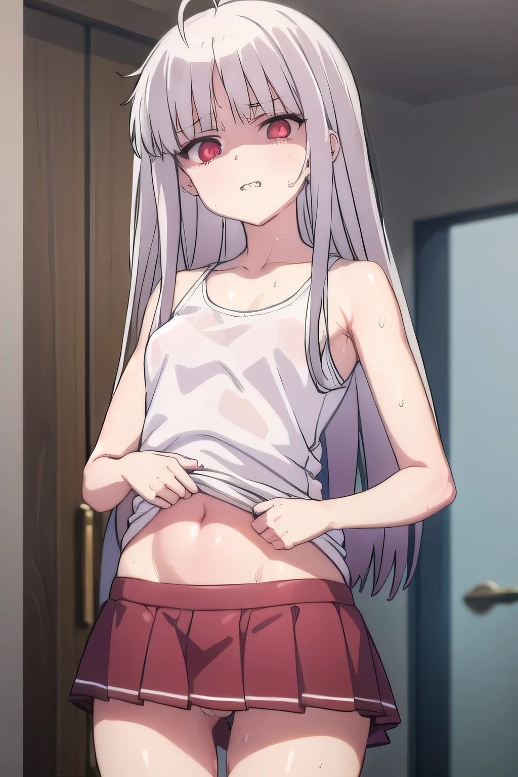 masterpiece, best quality, ultra-high-detailed, Disgusted face, white hair, red eyes, sigtuna julie , small breast, navel, ,Sweat, Warm body, hot body, A lot sweat , more sweat, hot temperature, , sweating, looking to viewer, deep eyes , evil smile, Sweated a lot, warm room, White wet t-shirt, mini skirt