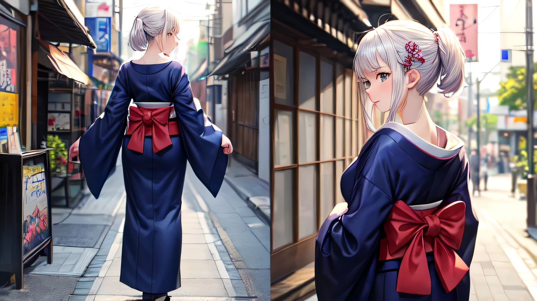 masterpiece, highest quality, for anime,Back view,A beautiful woman wearing a Japanese kimono stands on the street,The hair on the head is white